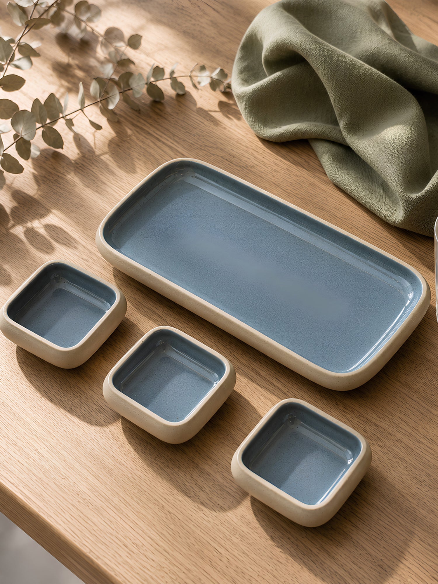 Earthen Soul Dip & Serve Set | Rectangle Platter with 3 Square Dip Bowls | Earth Porcelain