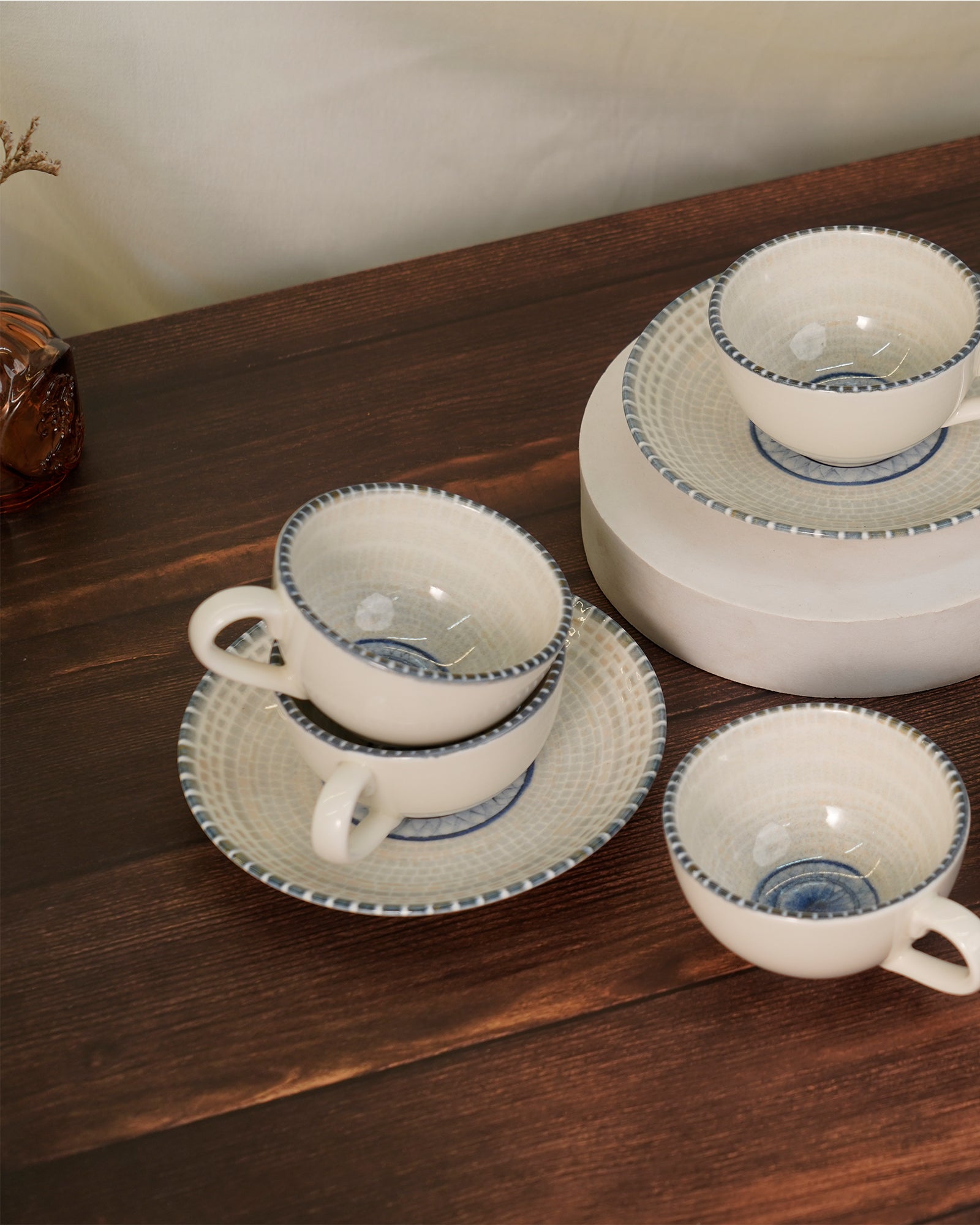 Pixel Collection Cookie Delight Brew Set – 12 Pc Porcelain Tea Cup & Saucer Set (200ml) | Elegant Tea Time Collection || Sora