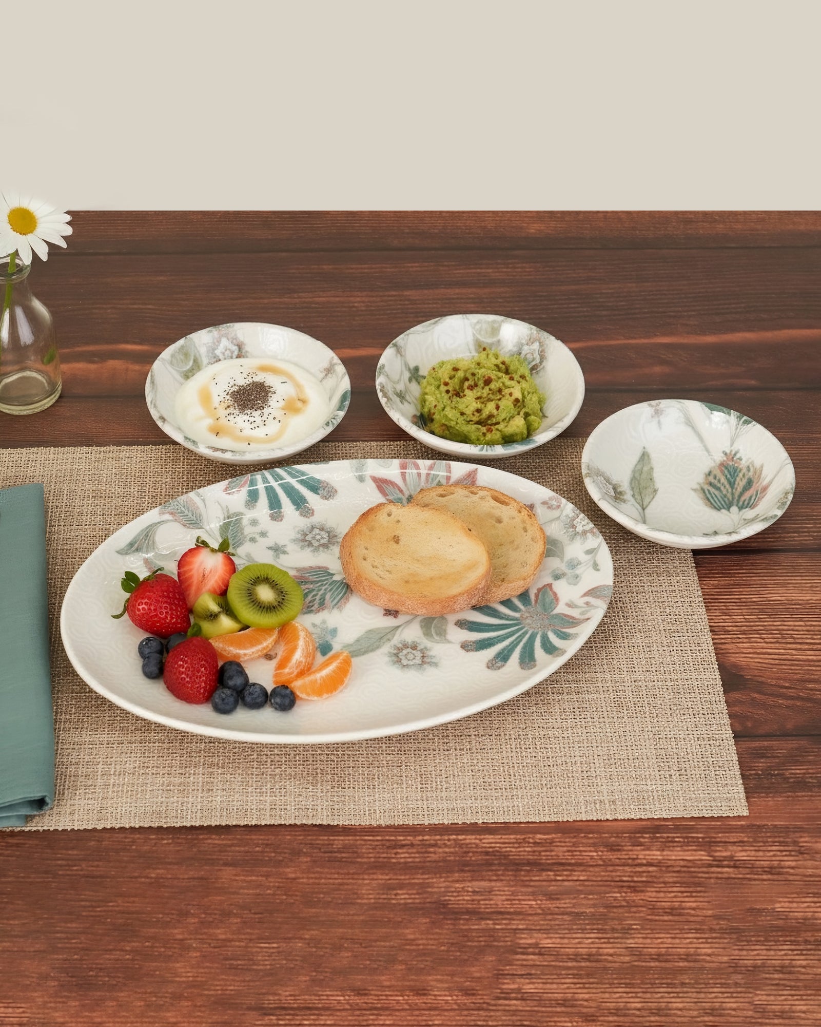 Pixel Collection Trio Bowls with Oval Platter – 4 Pc Premium Porcelain Serving Set