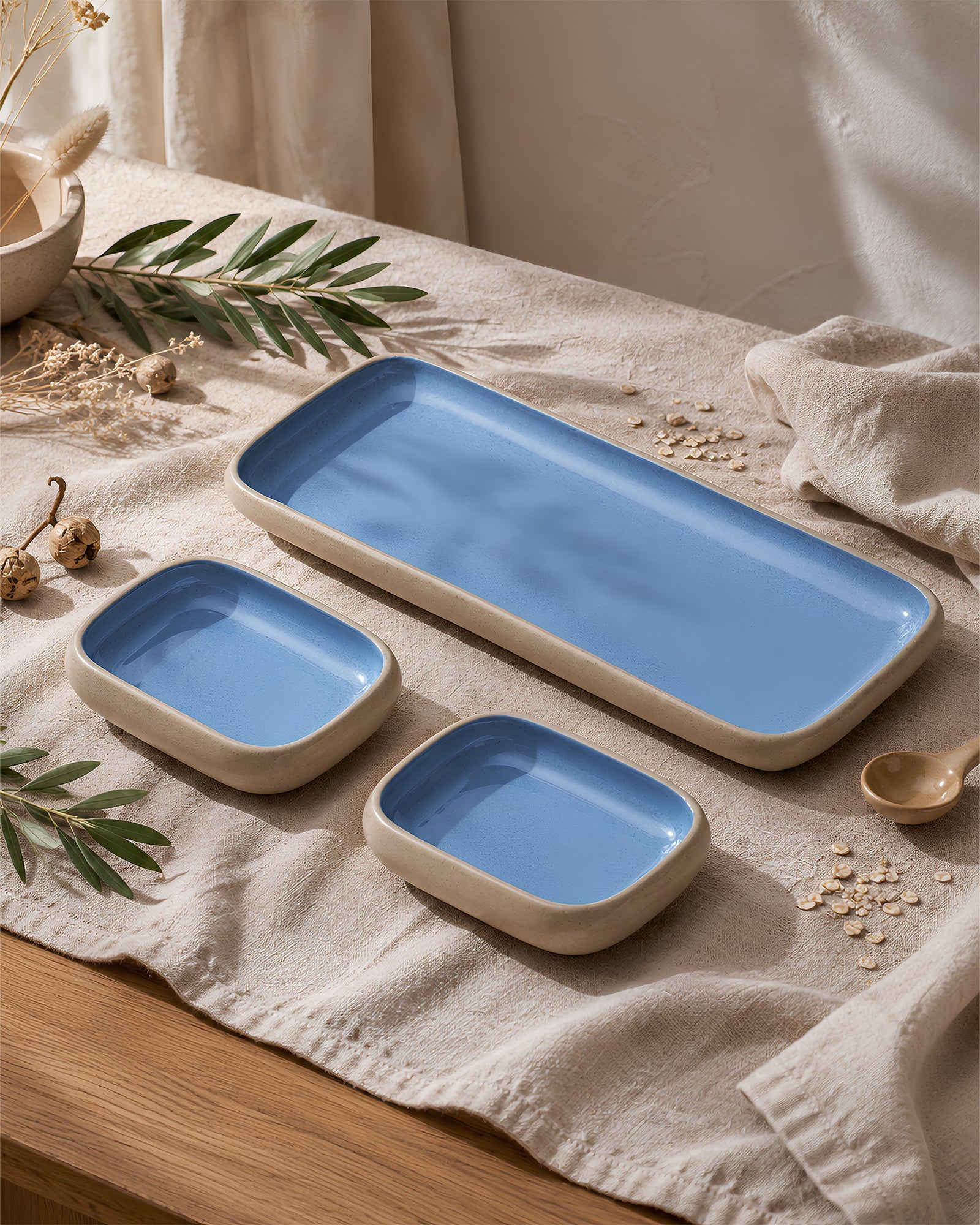 Earthen Soul Serving Trio | Rectangle Platter with 2 Rectangle Bowls | Earth Porcelain