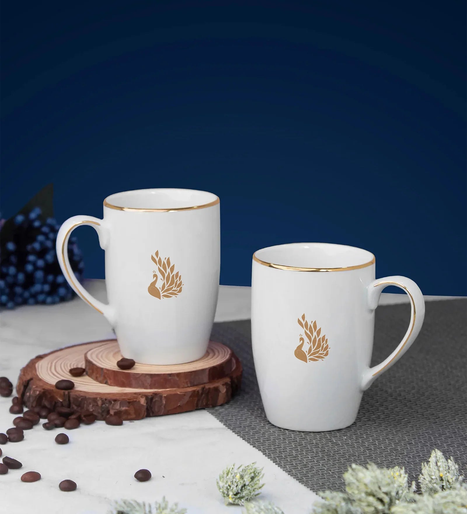 Myur Mug Set of 2 | Premium Porcelain Mugs with Gold Rim & Motif