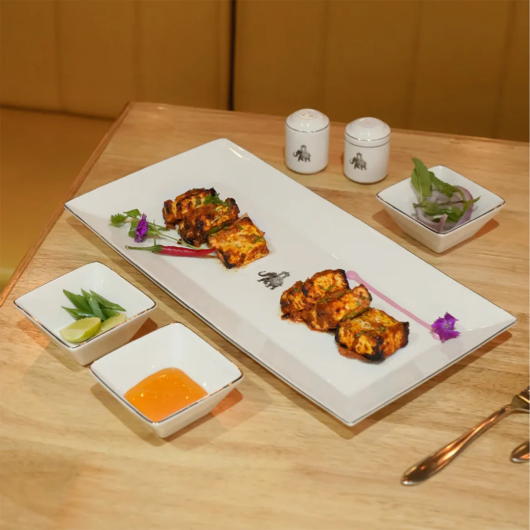 Gaj Edge Platter – 1 Pc Fine Porcelain Serving Plate with Platinum Rim & Elephant Motif - Vola Global