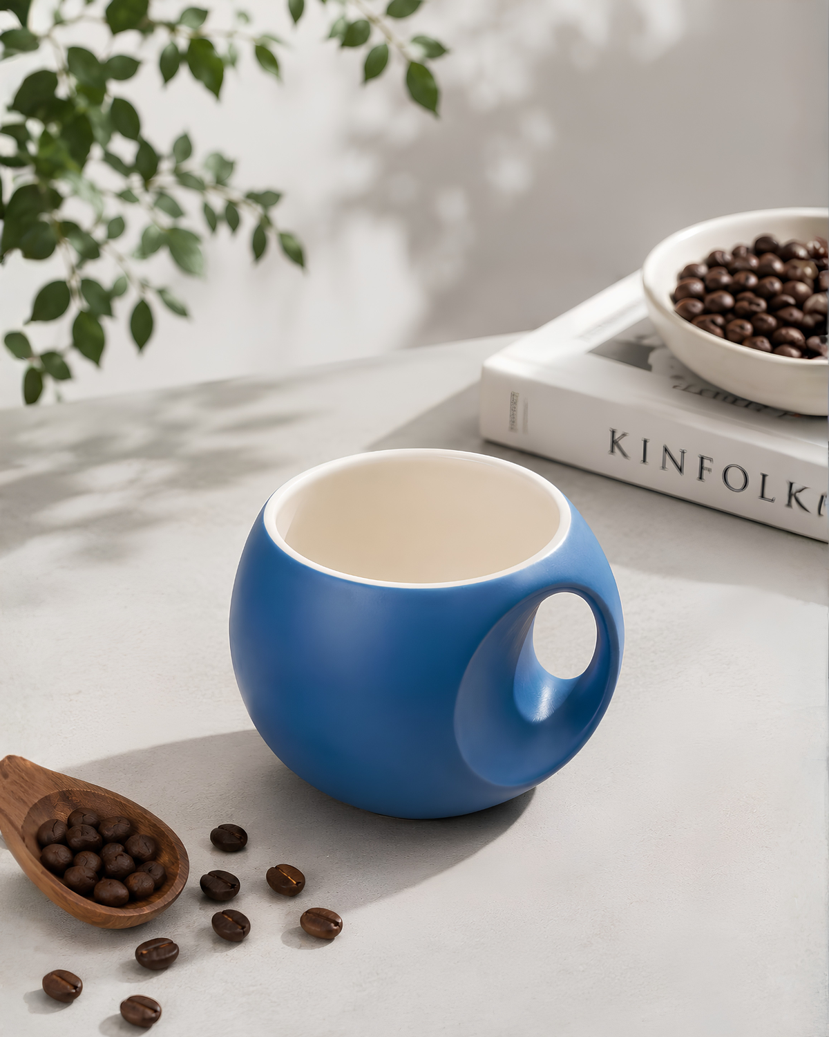 Deep Sky Blue Orb Mug - round fine porcelain coffee mug with comfort grip handle