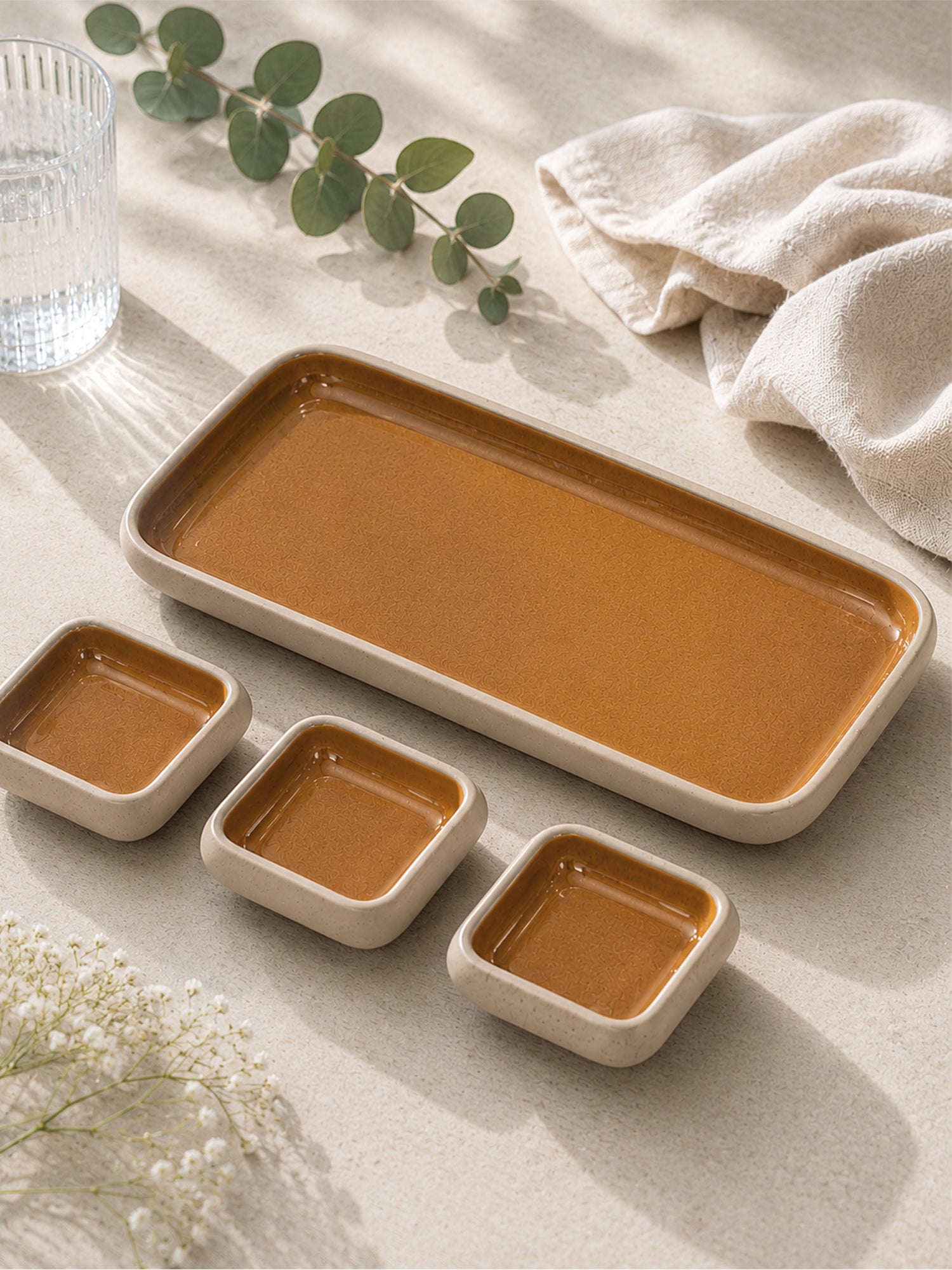 Earthen Soul Dip & Serve Set | Rectangle Platter with 3 Square Dip Bowls | Earth Porcelain