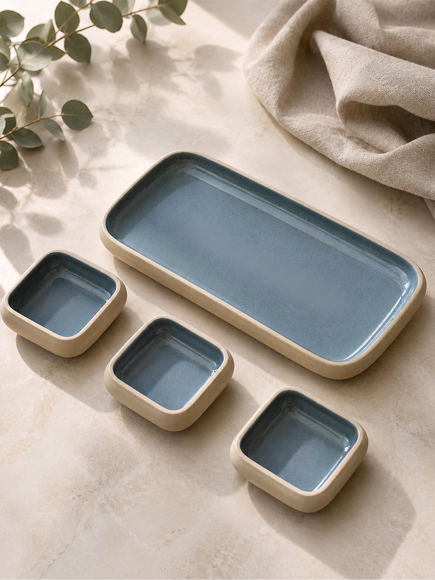 Earthen Soul Dip & Serve Set | Rectangle Platter with 3 Square Dip Bowls | Earth Porcelain