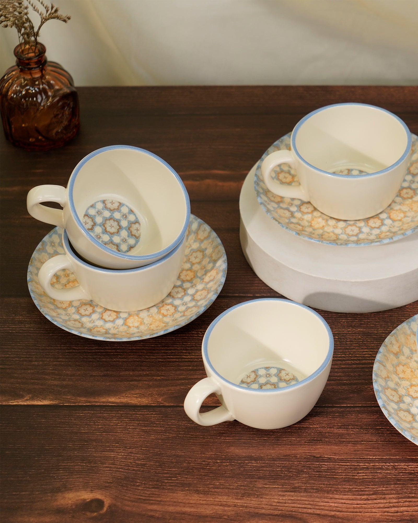 Pixel Collection Cookie Delight Brew Set – 12 Pc Porcelain Tea Cup & Saucer Set (200ml) | Elegant Tea Time Collection || SVARA