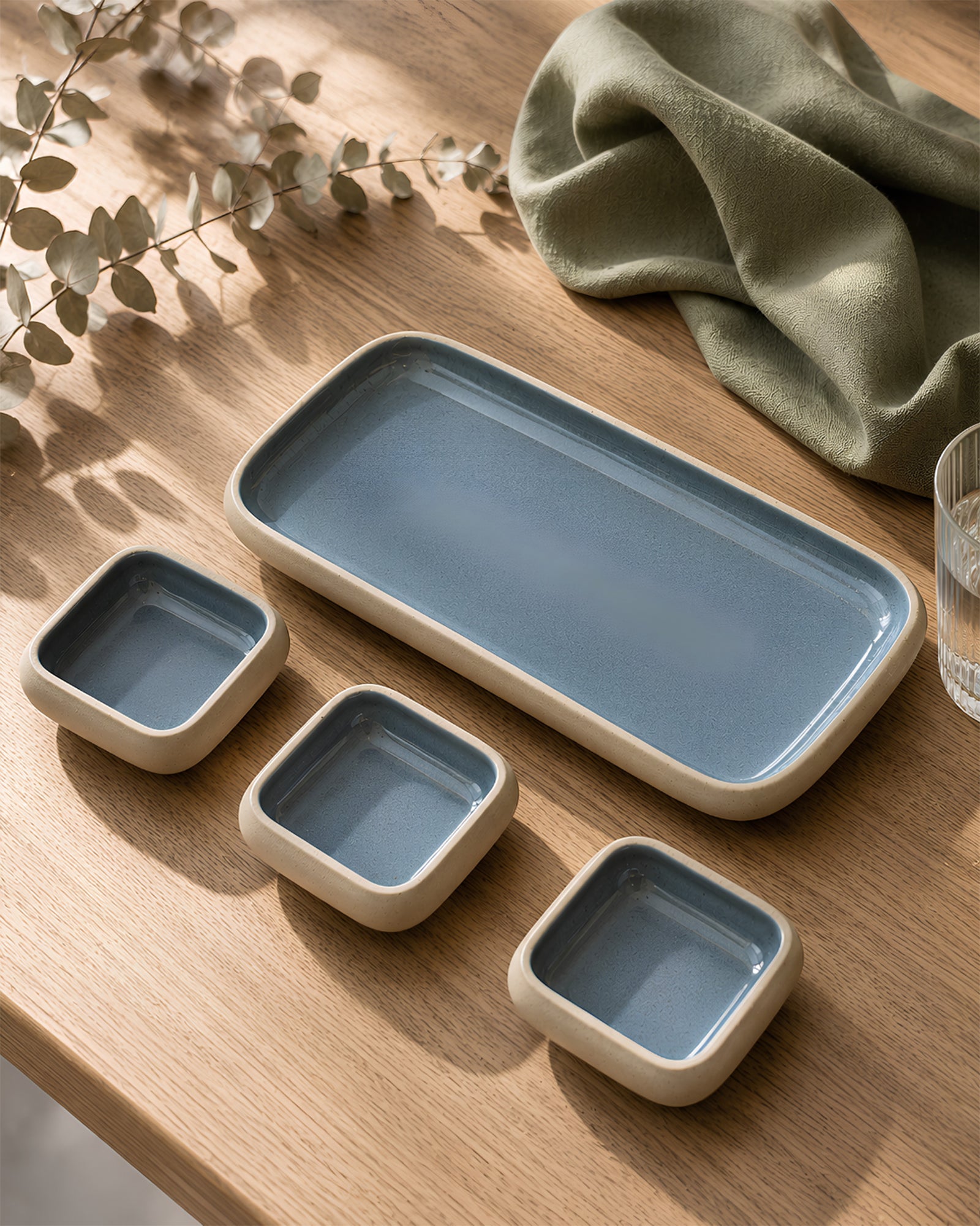 Earthen Soul Dip & Serve Set | Rectangle Platter with 3 Square Dip Bowls | Earth Porcelain