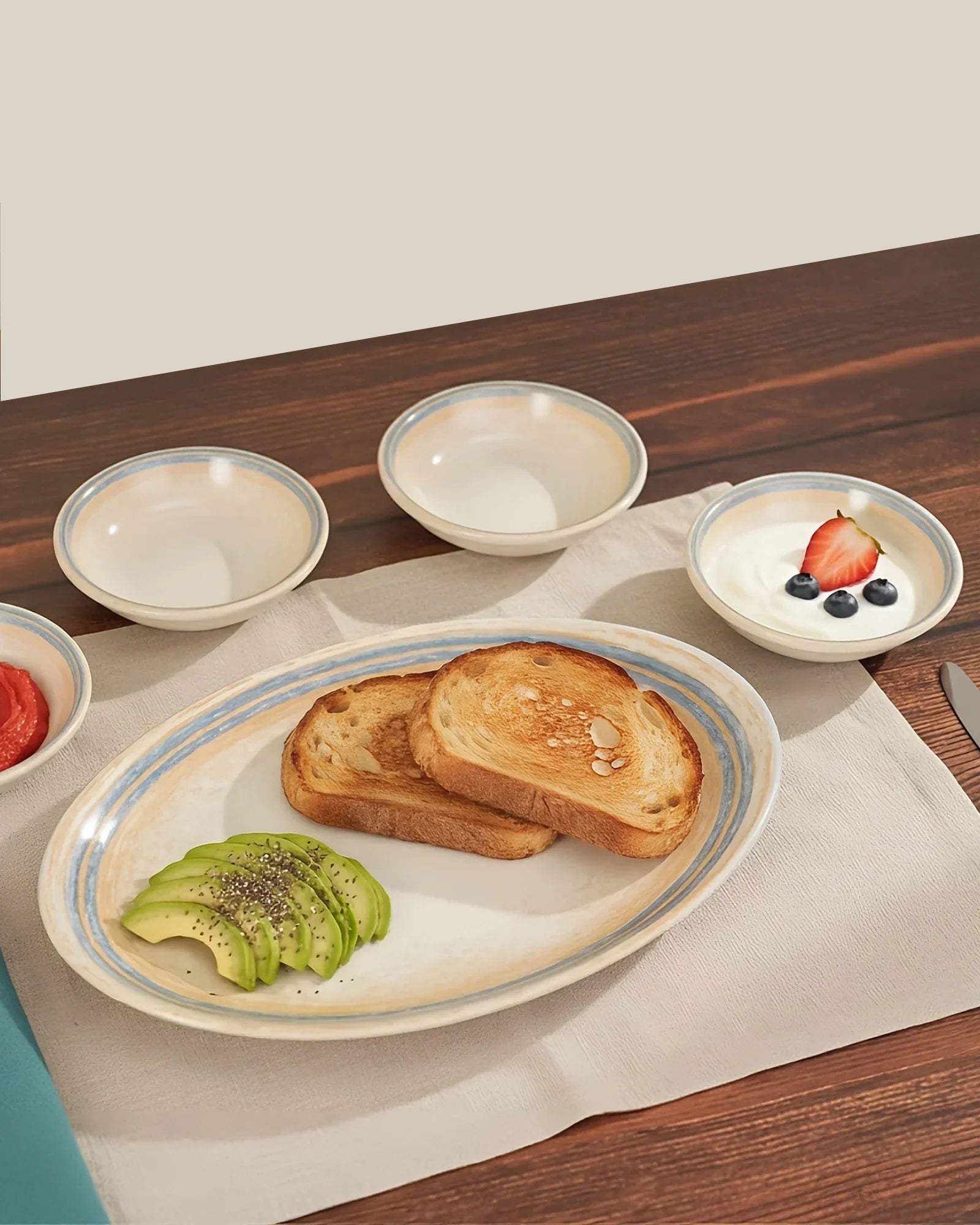 Pixel Collection Trio Bowls with Oval Platter – 4 Pc Premium Porcelain Serving Set