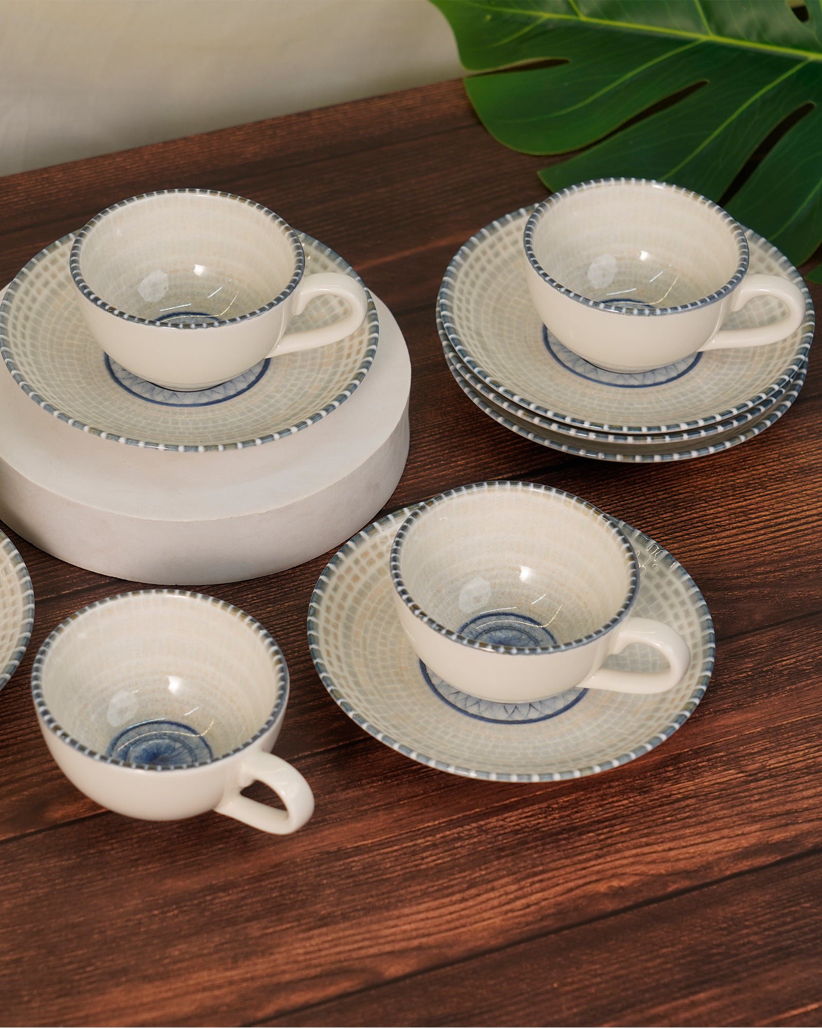 Pixel Collection Cookie Delight Brew Set – 12 Pc Porcelain Tea Cup & Saucer Set (200ml) | Elegant Tea Time Collection || Sora