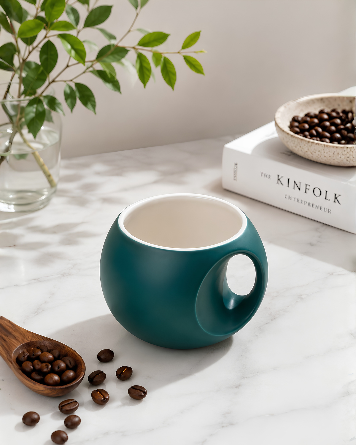 Viridian Green Orb Mug - round fine porcelain coffee mug with comfort grip handle