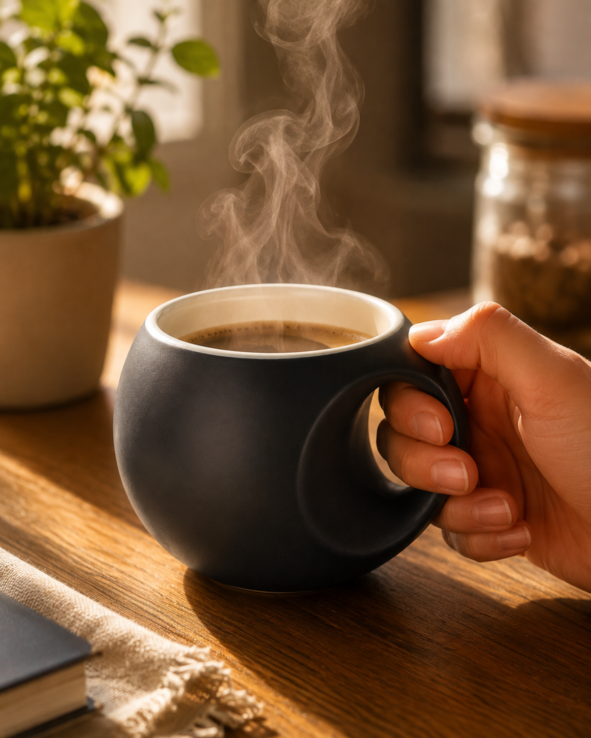 Black Orb Mug - round fine porcelain coffee mug with comfort grip handle