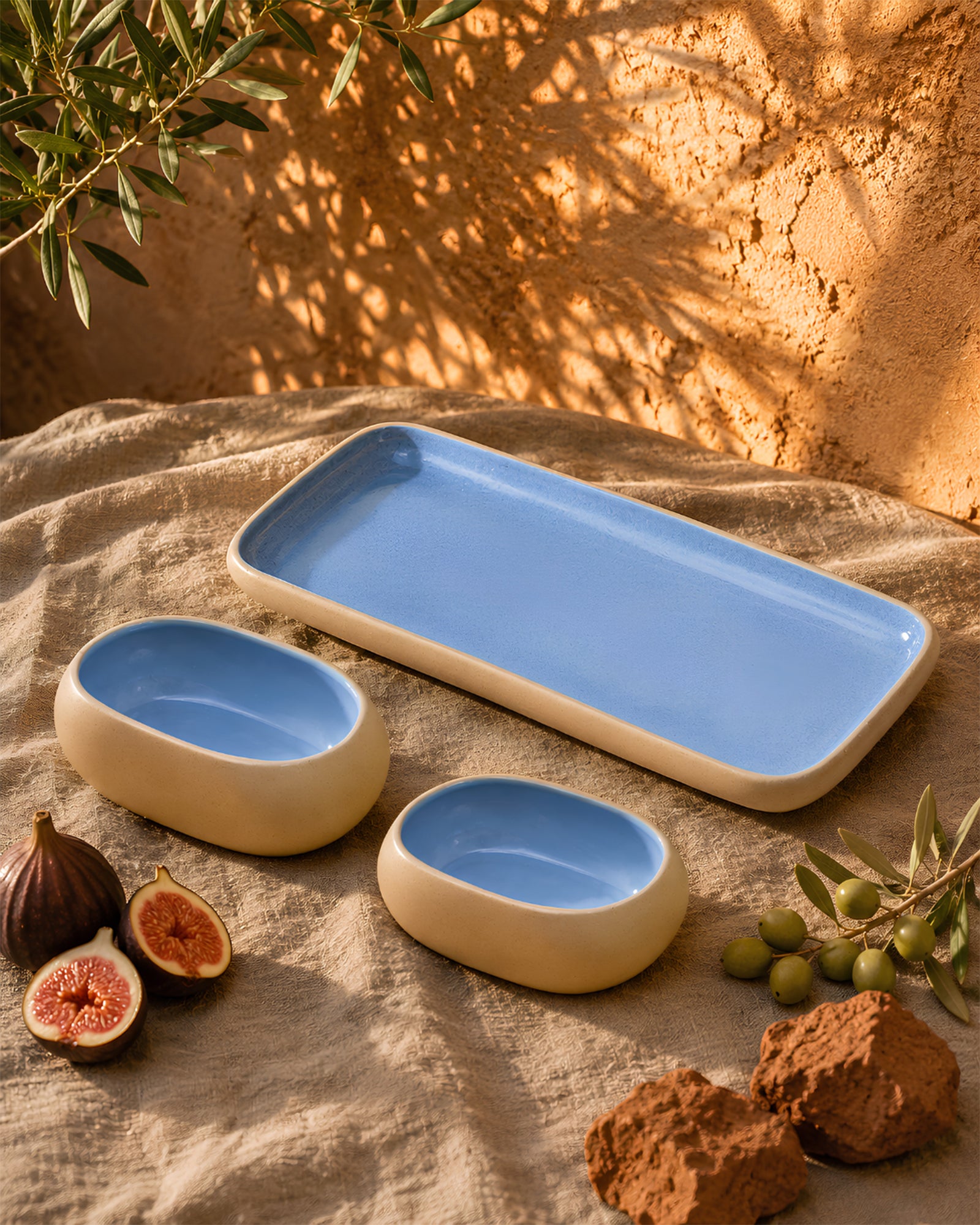 Earthen Soul Serve & Share Set | Rectangle Platter with 2 Oval Bowls | Earth Porcelain