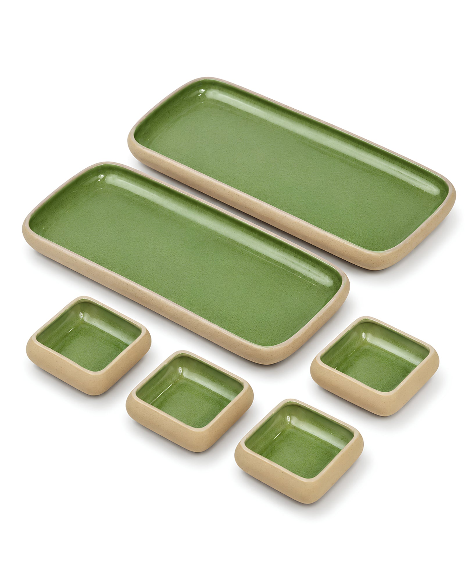 Earthen Soul Long Tray Set | 2 Rectangle Platters with 4 Square Dip Bowls | Earth Porcelain