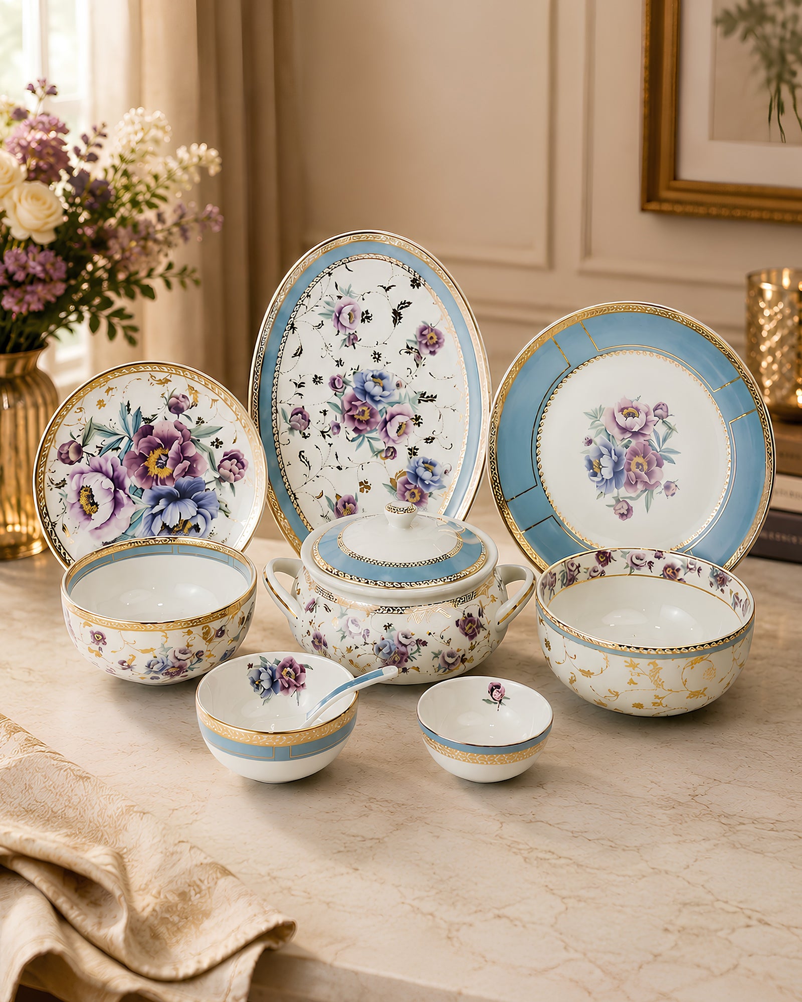 PEONY 35-Piece Fine Porcelain Dinner Set | Legacy Collection, Limited Edition | 24 Carat Gold Detailing