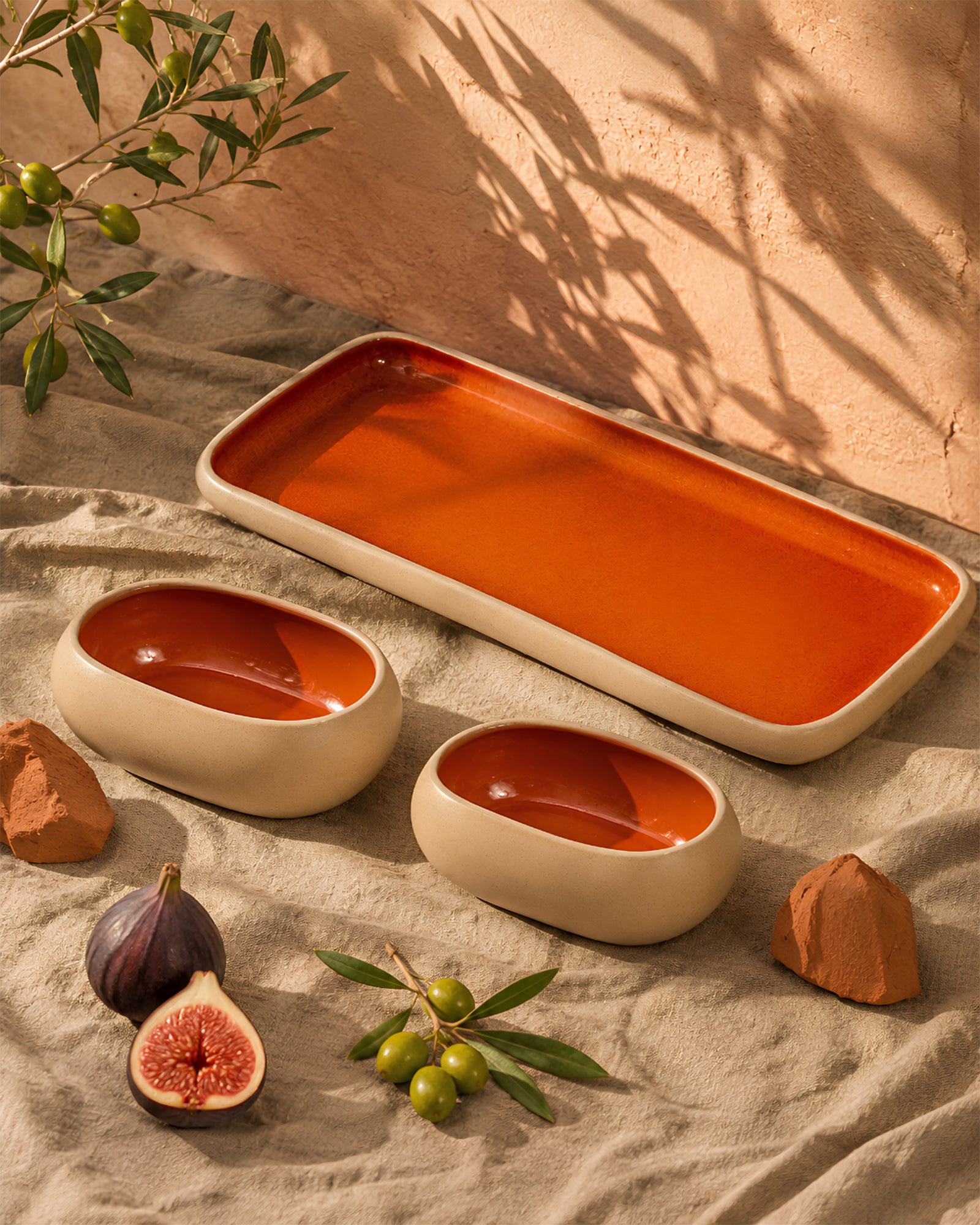 Earthen Soul Serve & Share Set | Rectangle Platter with 2 Oval Bowls | Earth Porcelain
