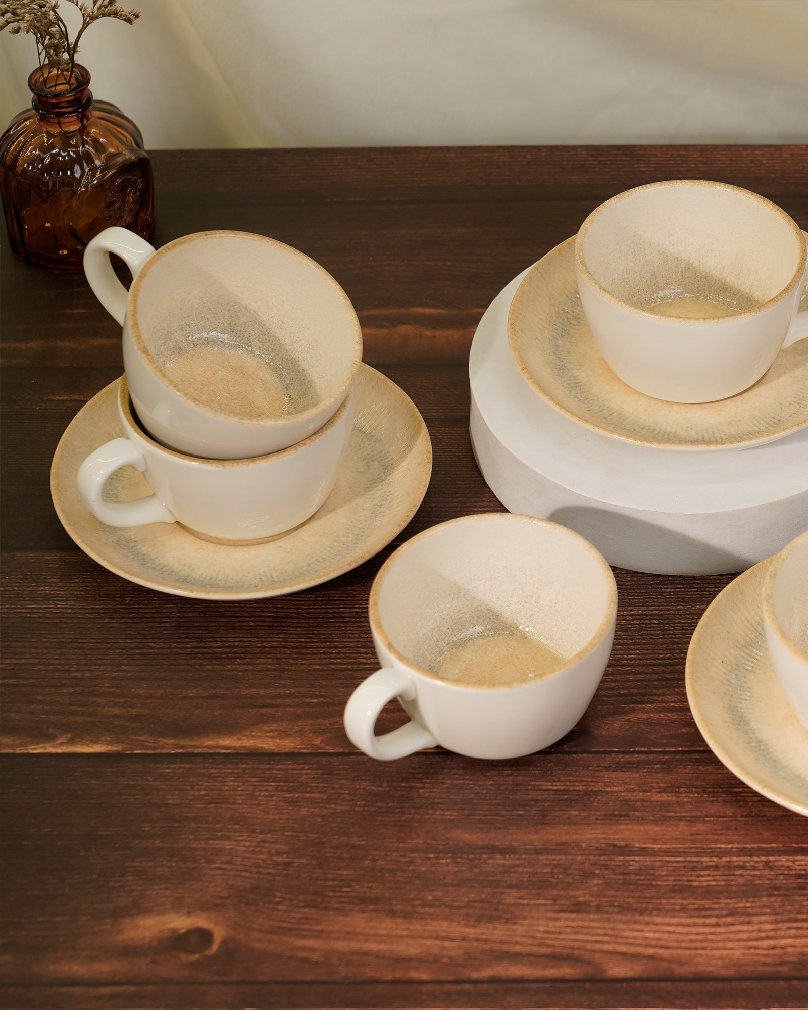 Pixel Collection Cookie Delight Brew Set – 12 Pc Porcelain Tea Cup & Saucer Set (200ml) | Elegant Tea Time Collection || NEBULA