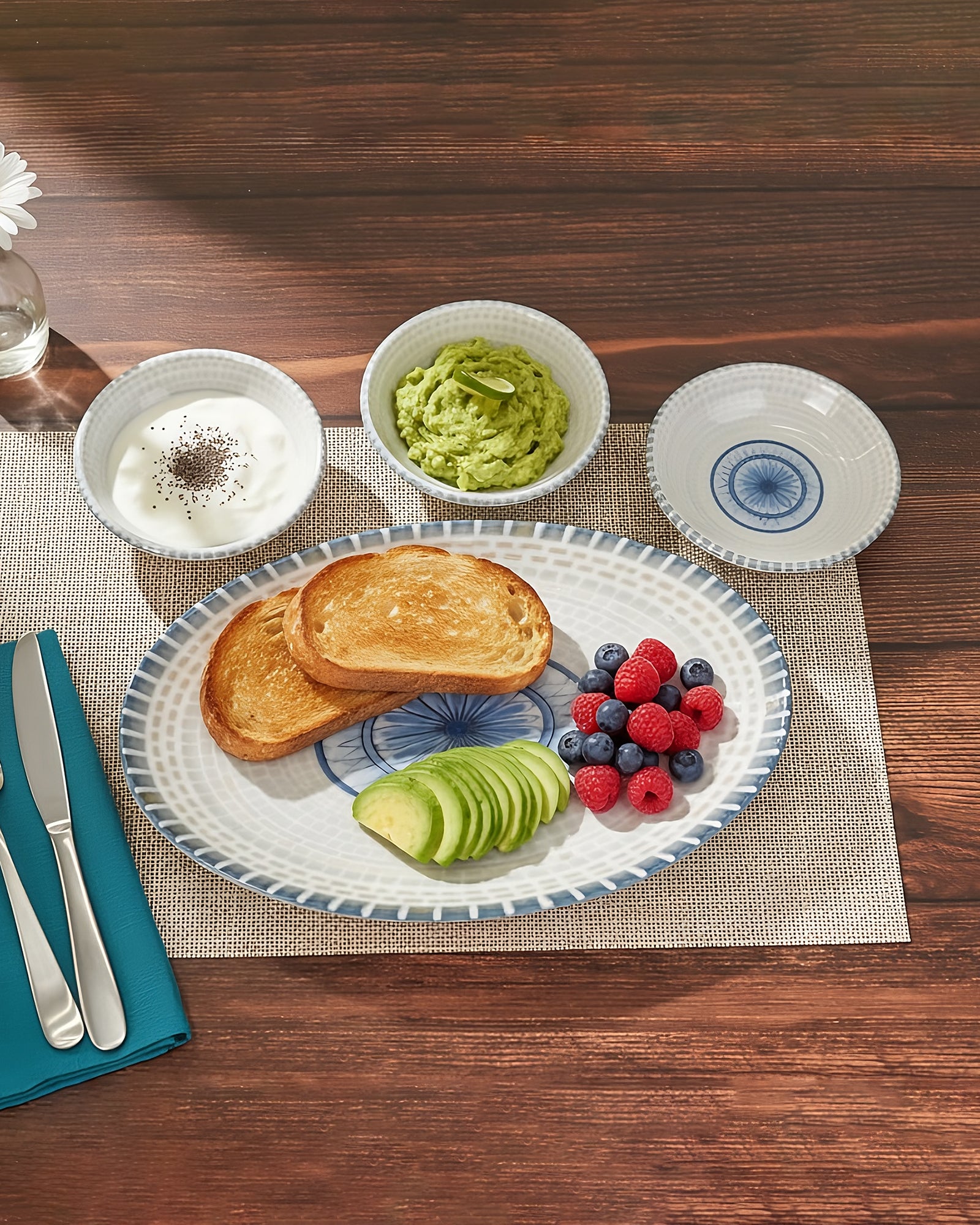 Pixel Collection Trio Bowls with Oval Platter – 4 Pc Premium Porcelain Serving Set
