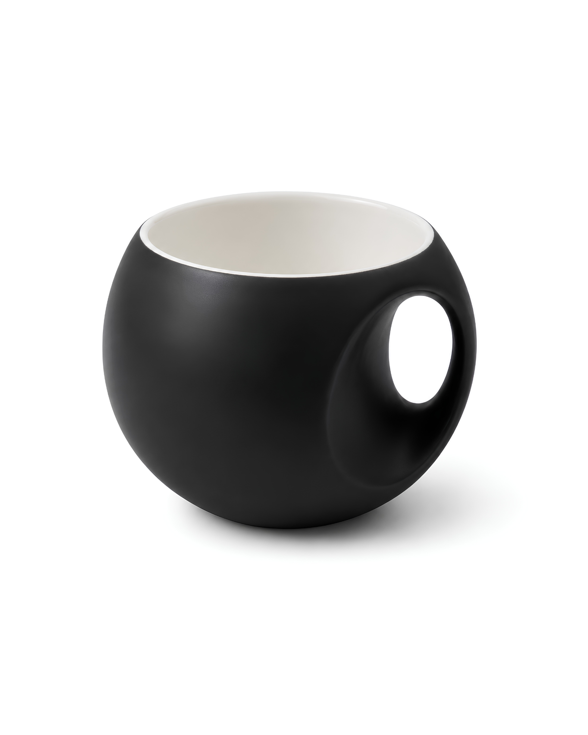 Black Orb Mug - round fine porcelain coffee mug with comfort grip handle
