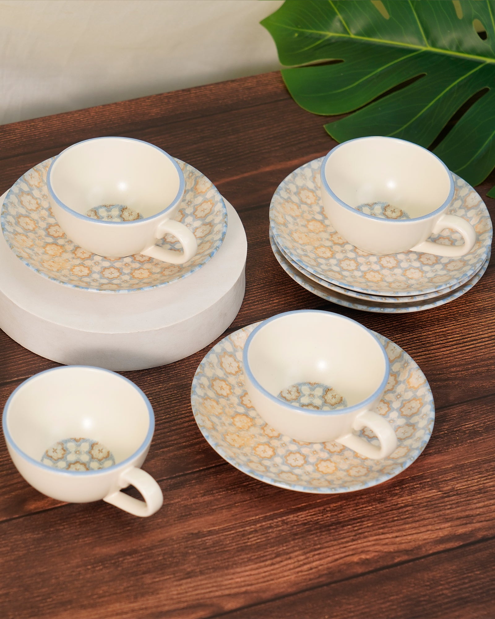 Pixel Collection Cookie Delight Brew Set – 12 Pc Porcelain Tea Cup & Saucer Set (200ml) | Elegant Tea Time Collection || Svara