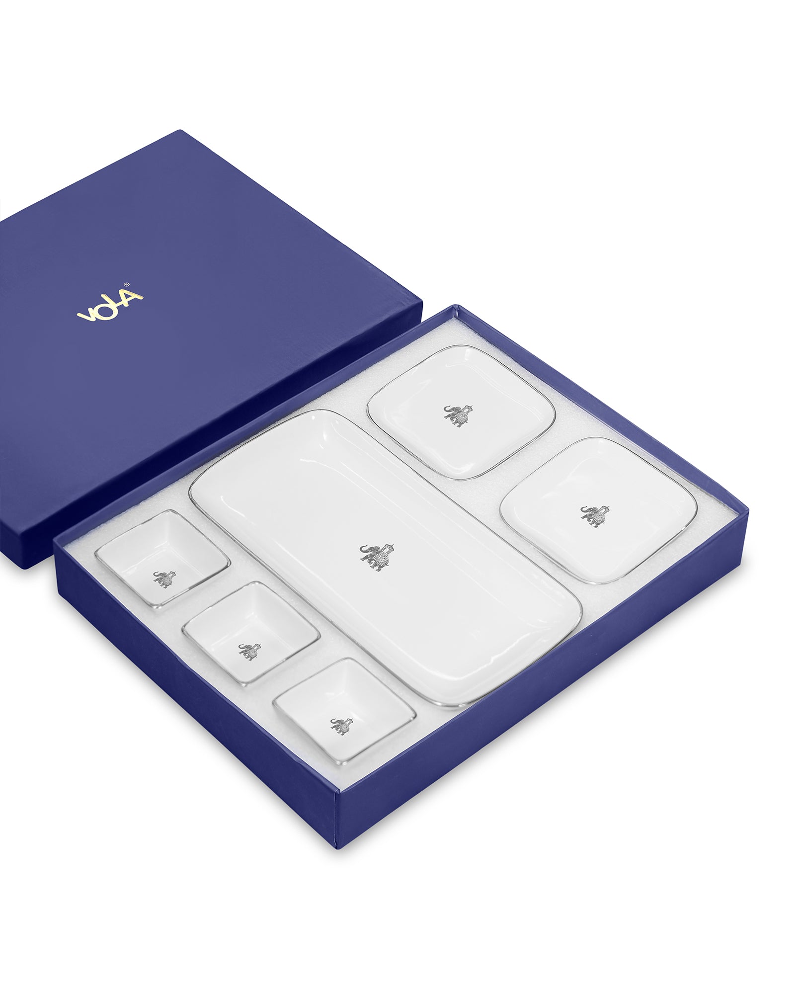 Gaj Collection Rectangle Charm with Dip Bowls – 6 Pc Porcelain Serving Set | Platinum Rim