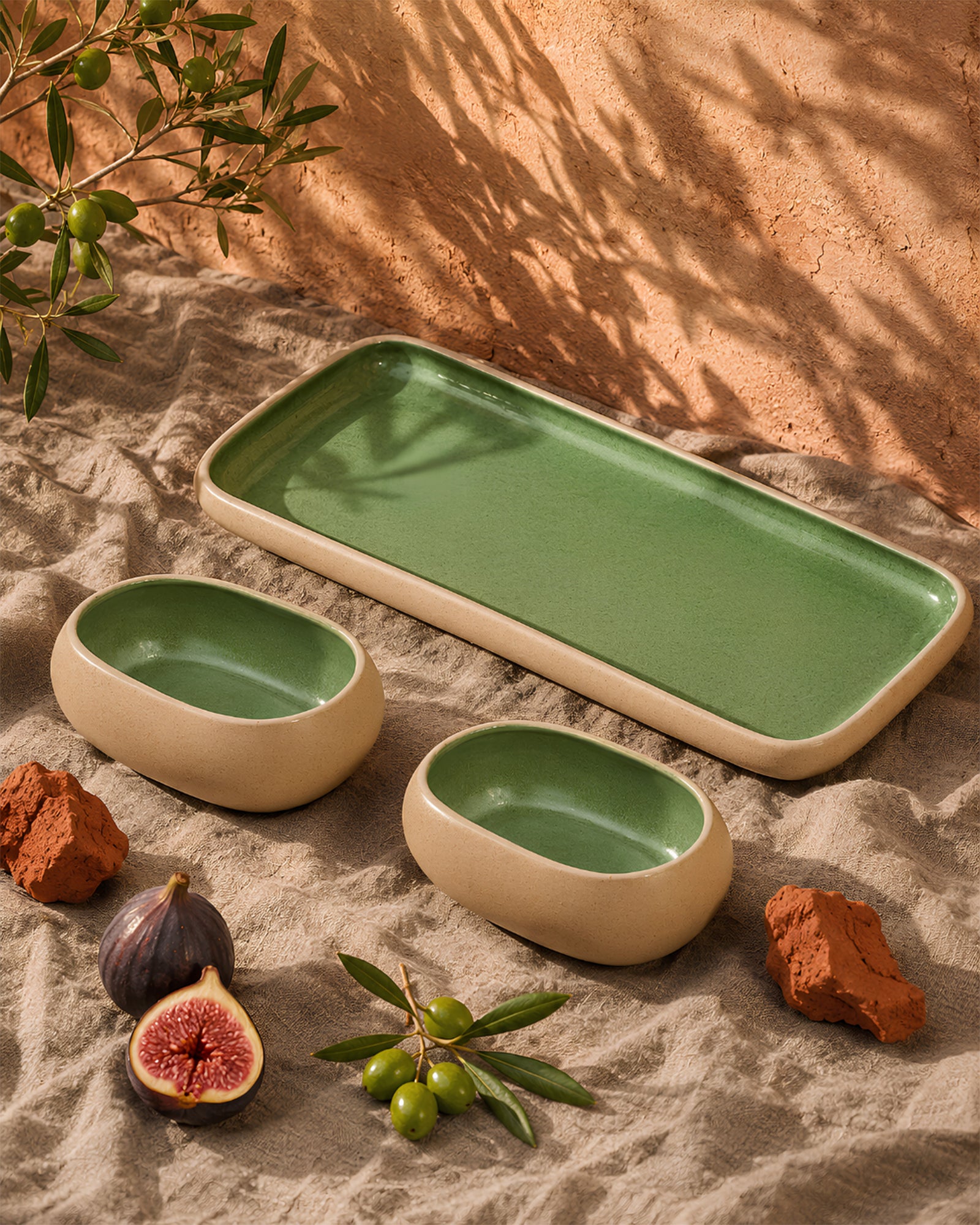 Earthen Soul Serve & Share Set | Rectangle Platter with 2 Oval Bowls | Earth Porcelain