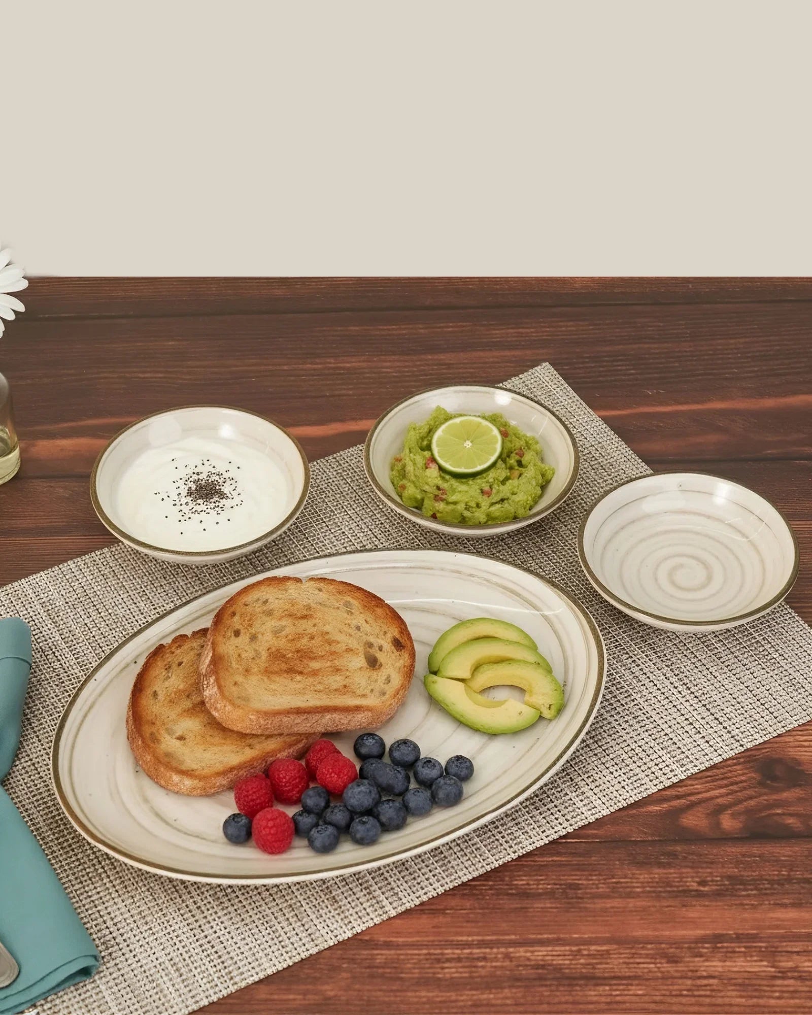 Pixel Collection Trio Bowls with Oval Platter – 4 Pc Premium Porcelain Serving Set