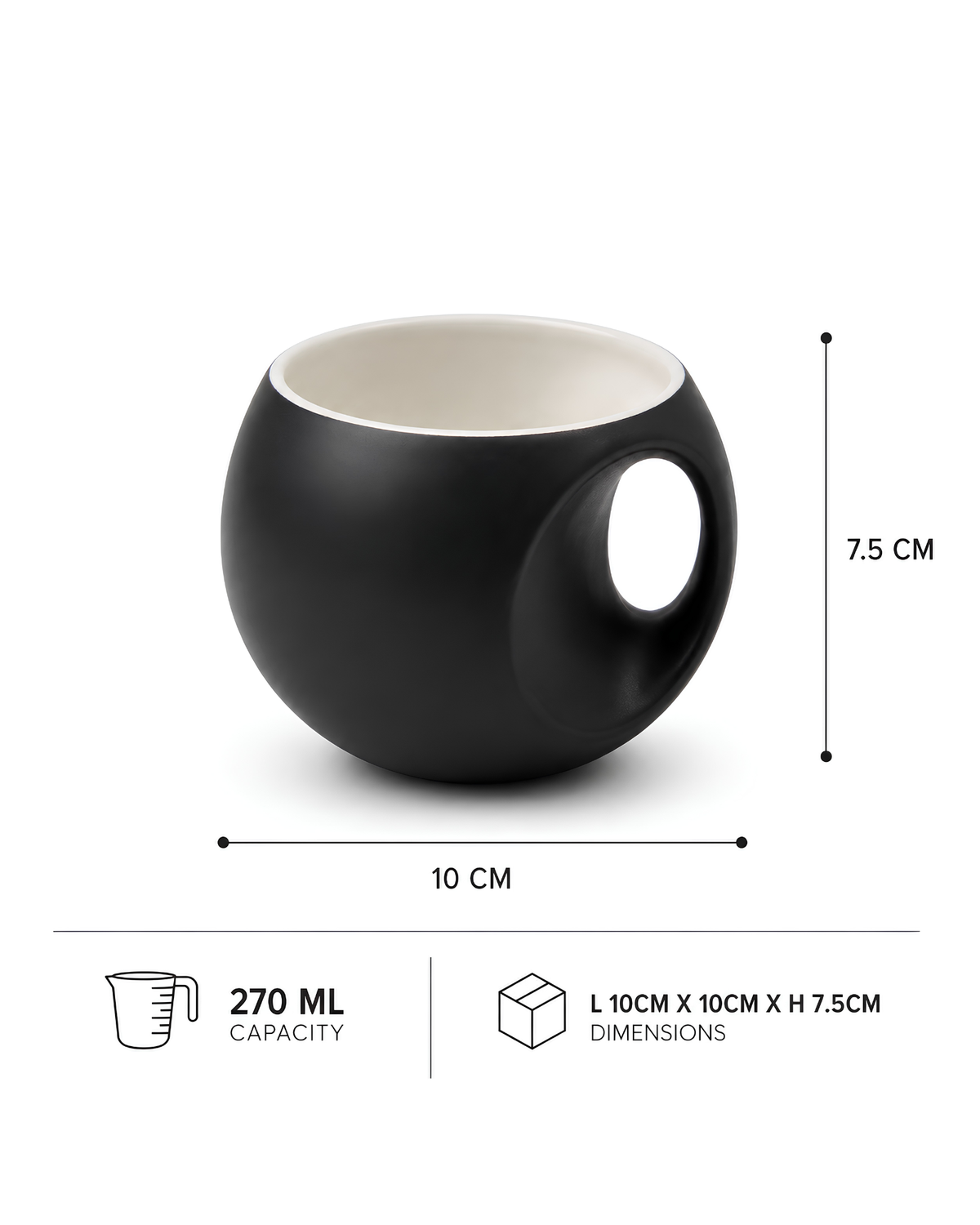 Black Orb Mug - round fine porcelain coffee mug with comfort grip handle