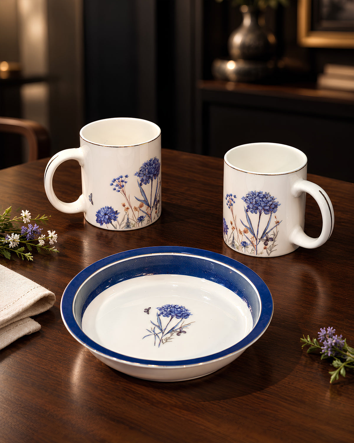 Jardin Blue – Sip & Savour Porcelain 3-Piece Set | 2 Mugs (300ml) & 1 Deep Snack Plate