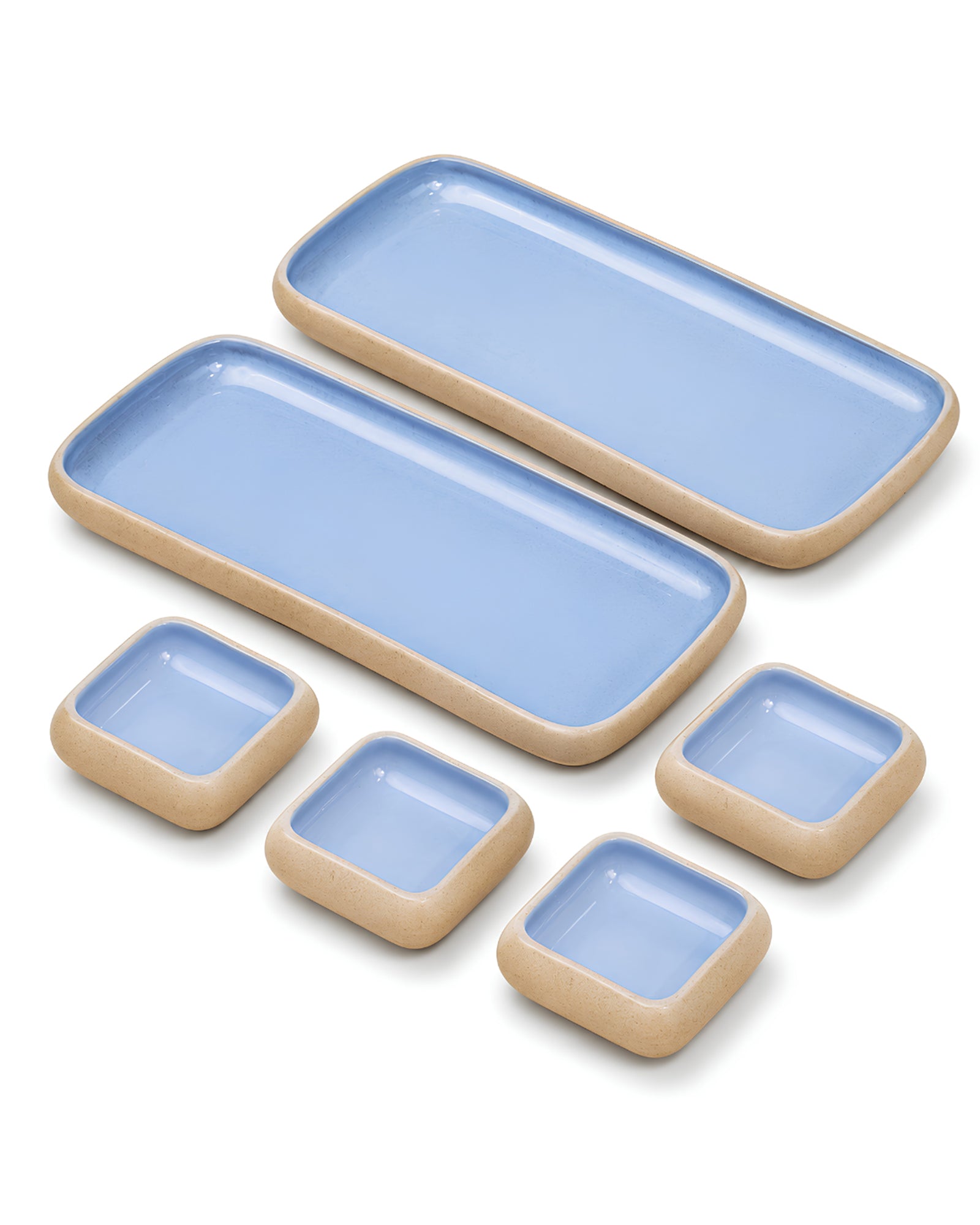 Earthen Soul Long Tray Set | 2 Rectangle Platters with 4 Square Dip Bowls | Earth Porcelain