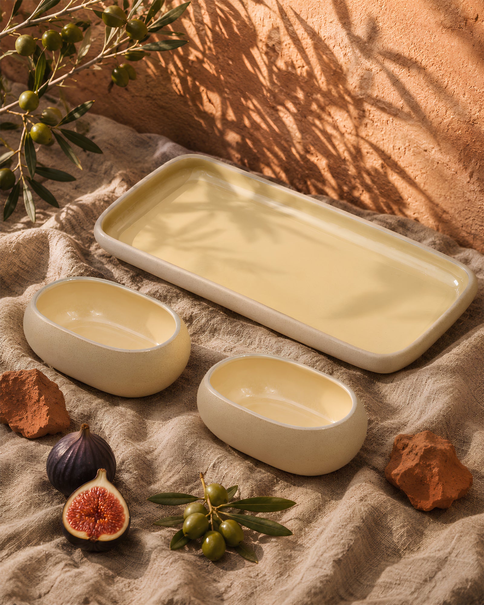 Earthen Soul Serve & Share Set | Rectangle Platter with 2 Oval Bowls | Earth Porcelain