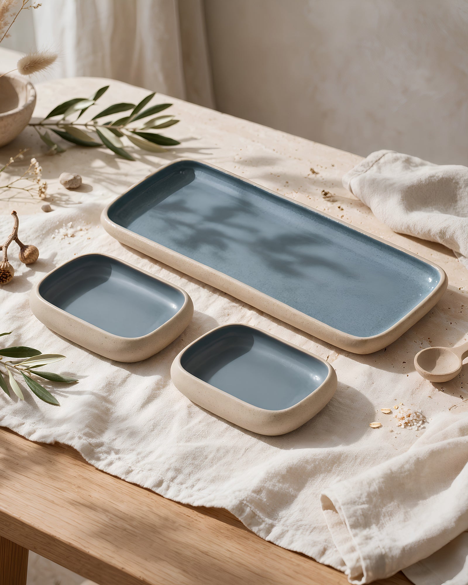 Earthen Soul Serving Trio | Rectangle Platter with 2 Rectangle Bowls | Earth Porcelain
