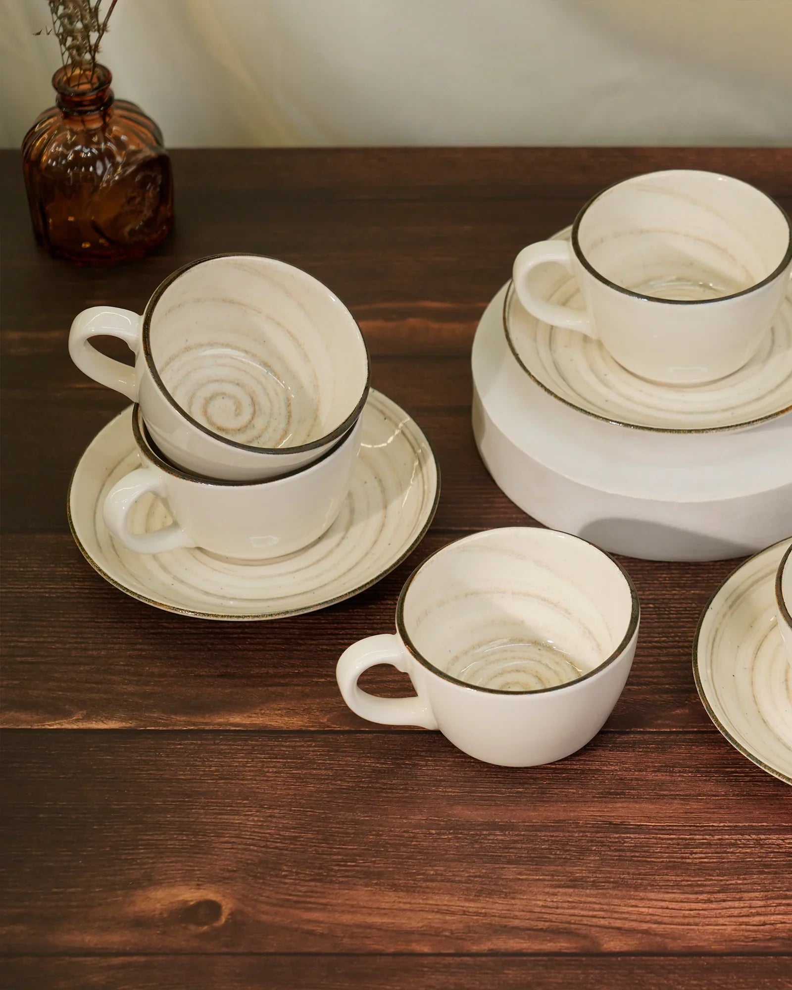 Pixel Collection Cookie Delight Brew Set – 12 Pc Porcelain Tea Cup & Saucer Set (200ml) | Elegant Tea Time Collection || SOVA