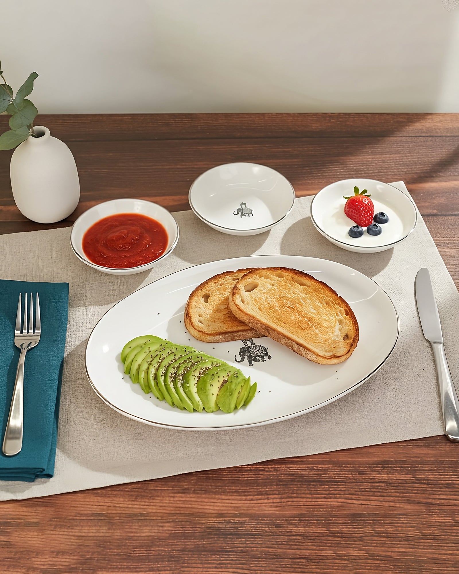 Gaj Collection Trio Bowls with Oval Platter – Set of 4 | Porcelain with Platinum Rim