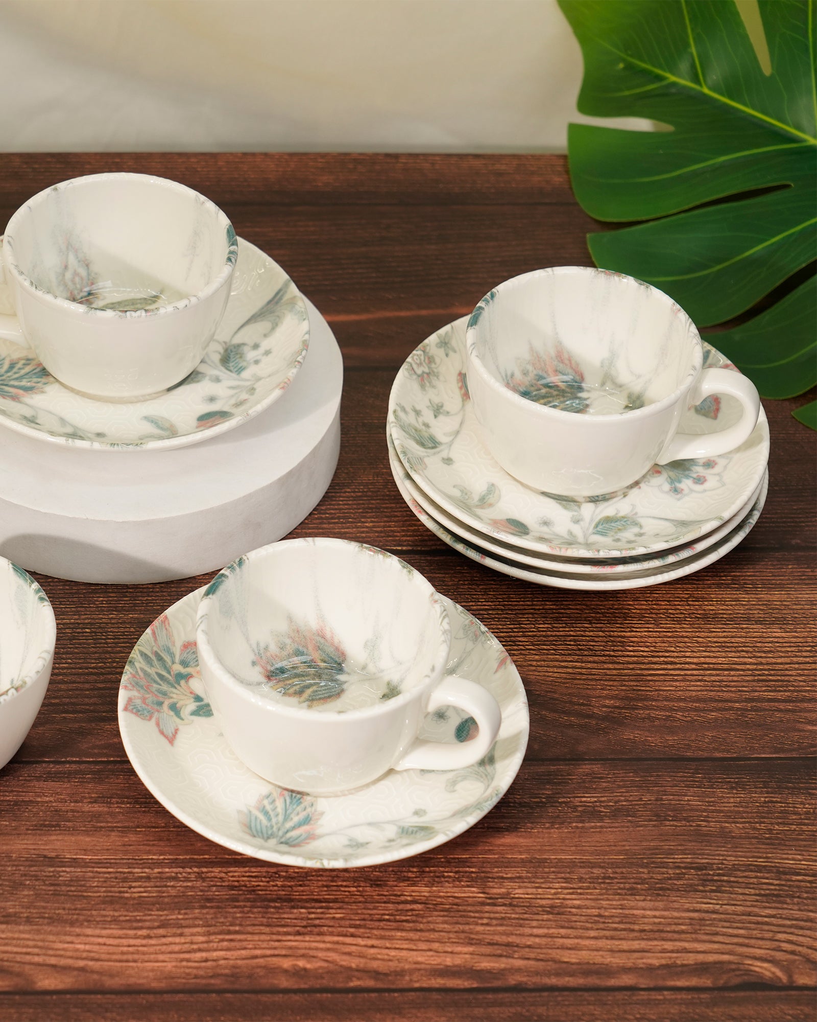 Pixel Collection Cookie Delight Brew Set – 12 Pc Porcelain Tea Cup & Saucer Set (200ml) | Elegant Tea Time Collection || JACOBEAN