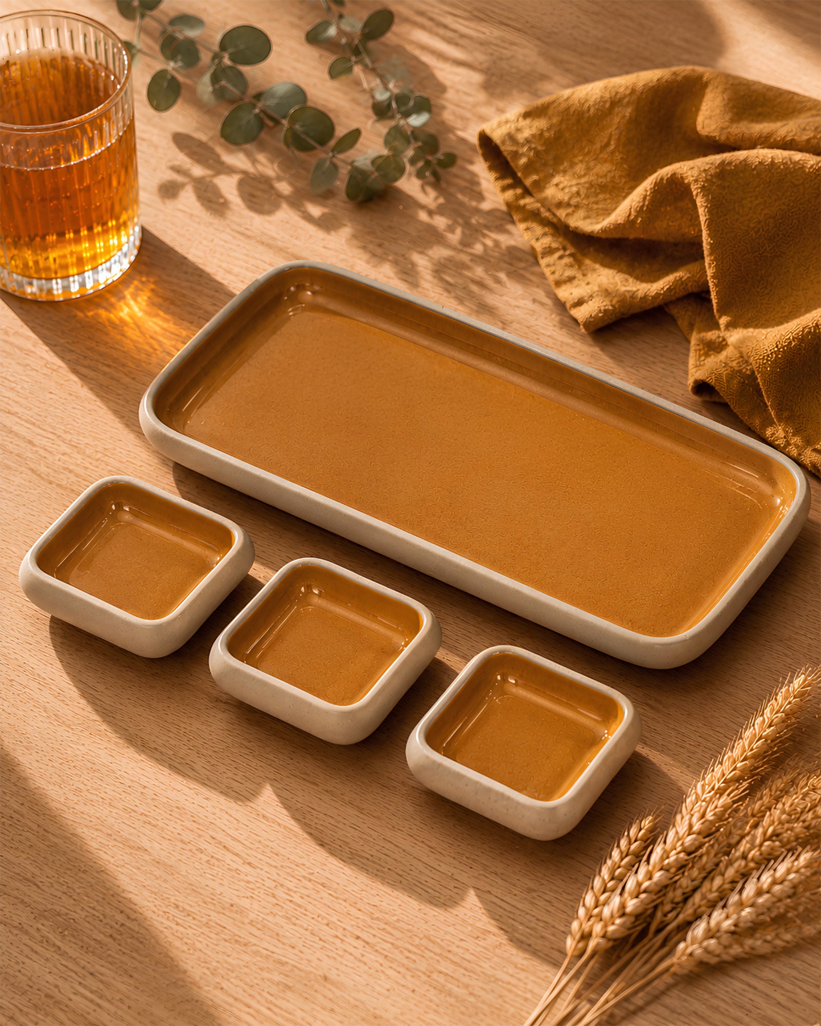 Earthen Soul Dip & Serve Set | Rectangle Platter with 3 Square Dip Bowls | Earth Porcelain