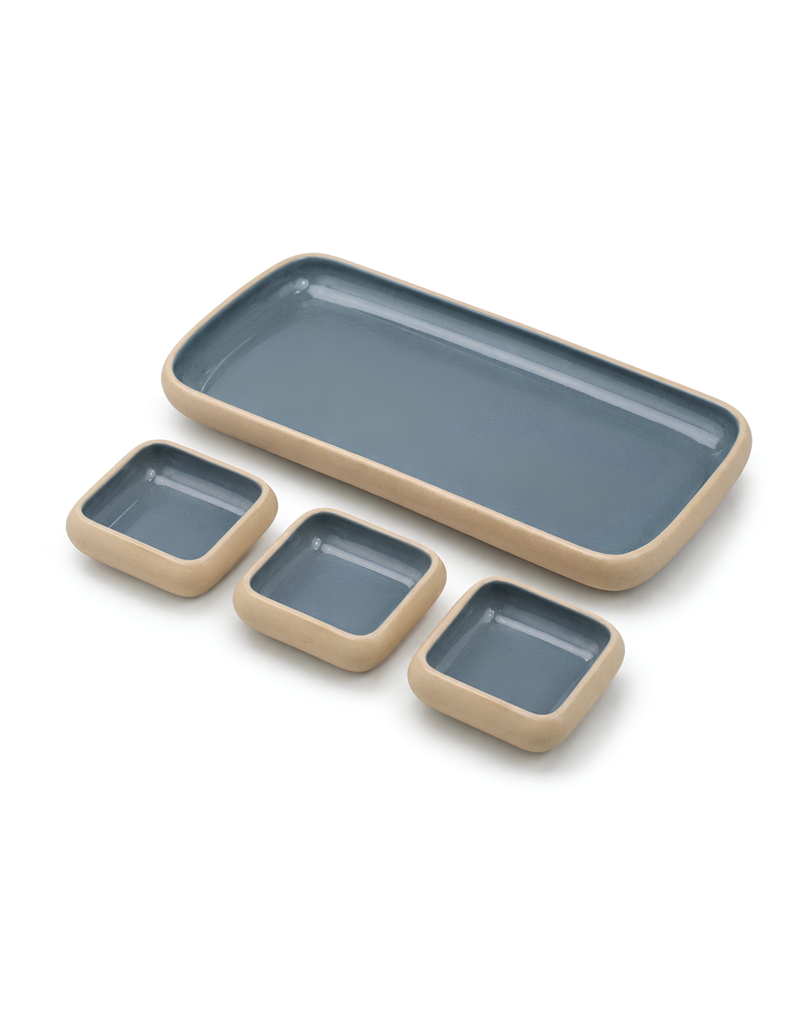 Earthen Soul Dip & Serve Set | Rectangle Platter with 3 Square Dip Bowls | Earth Porcelain