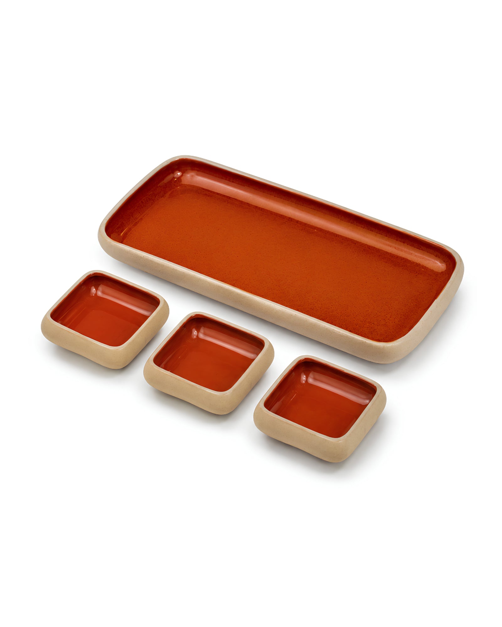 Earthen Soul Dip & Serve Set | Rectangle Platter with 3 Square Dip Bowls | Earth Porcelain