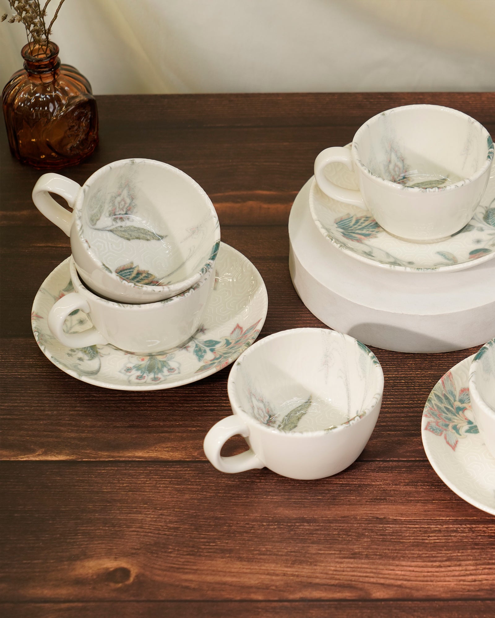 Pixel Collection Cookie Delight Brew Set – 12 Pc Porcelain Tea Cup & Saucer Set (200ml) | Elegant Tea Time Collection || JACOBEAN