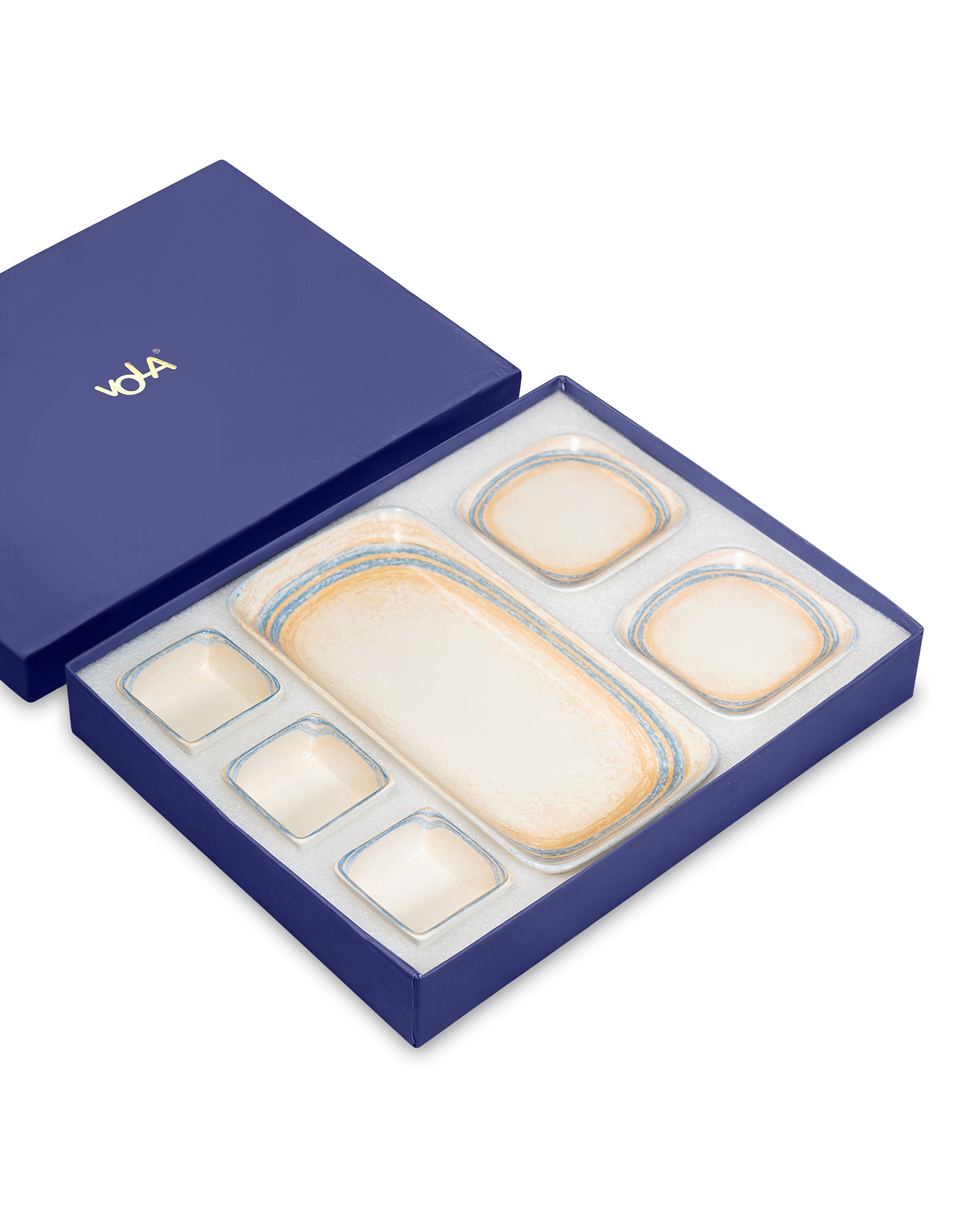 Pixel Collection Rectangle Charm with Dip Bowls – 6 Pc Porcelain Serving Set