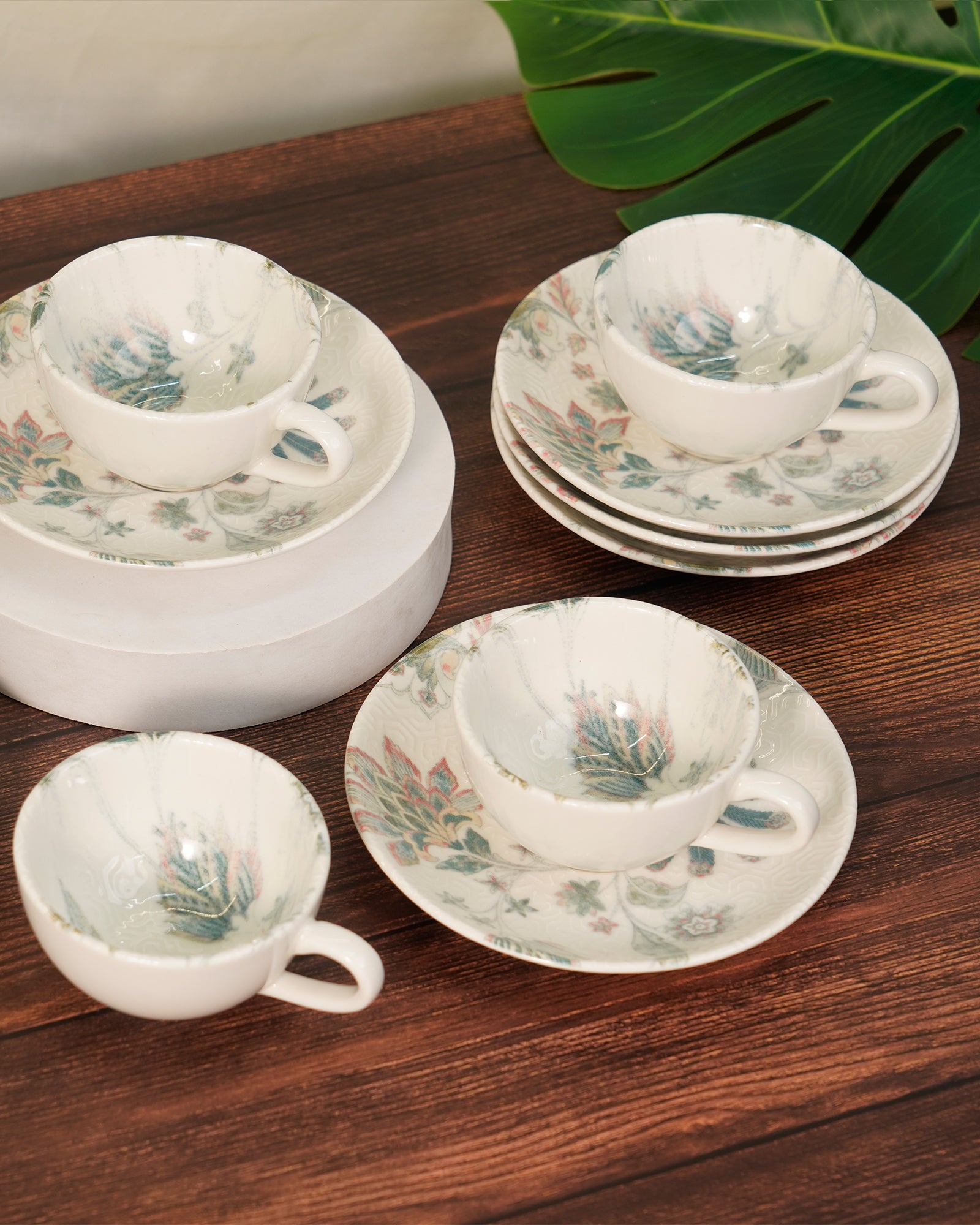 Pixel Collection Cookie Delight Brew Set – 12 Pc Porcelain Tea Cup & Saucer Set (200ml) | Elegant Tea Time Collection || Jacobean