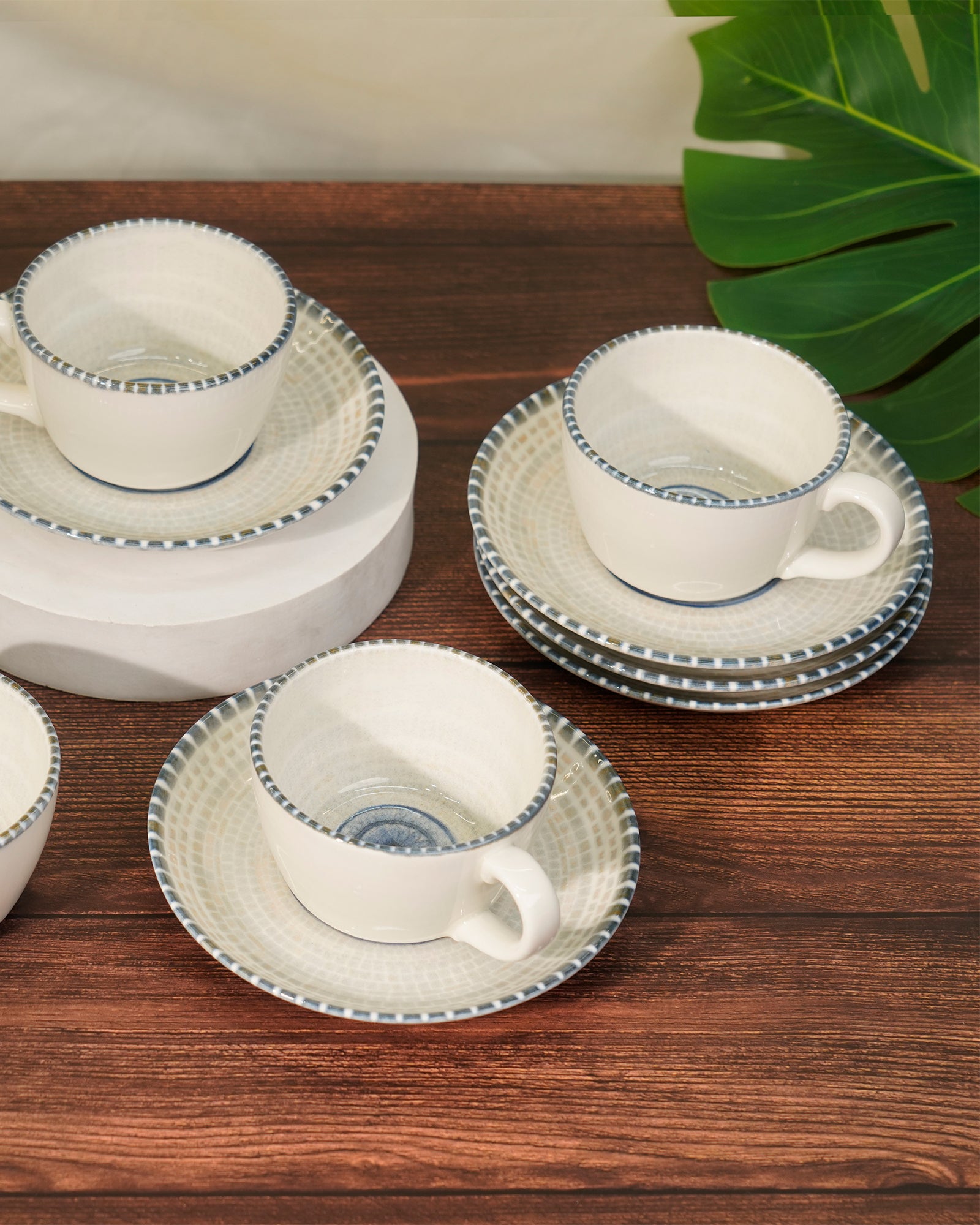 Pixel Collection Cookie Delight Brew Set – 12 Pc Porcelain Tea Cup & Saucer Set (200ml) | Elegant Tea Time Collection || SORA