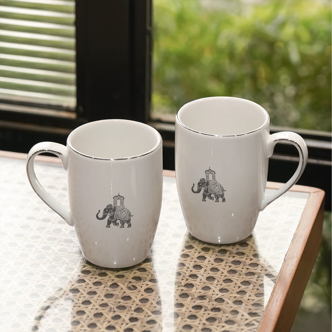 Platnium || Vola Gaj Mugs Set of 2 | 230 ml Porcelain Coffee Mugs with Elephant Design