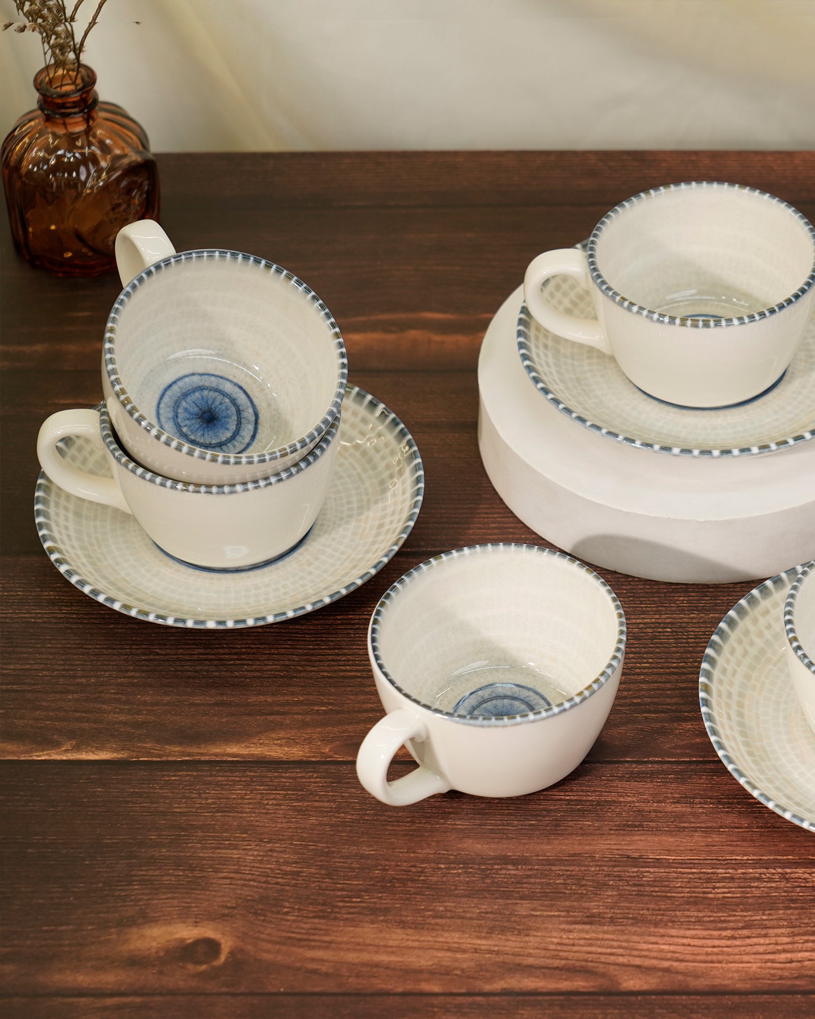 Pixel Collection Cookie Delight Brew Set – 12 Pc Porcelain Tea Cup & Saucer Set (200ml) | Elegant Tea Time Collection || SORA