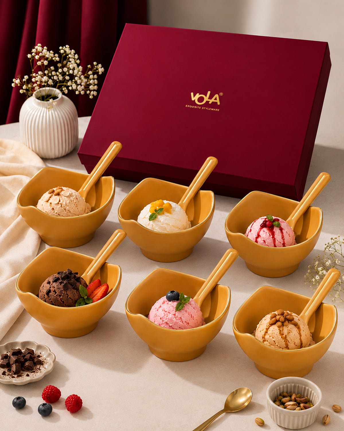 Bloom Vegas Fine Porcelain Dessert Set with Gold Detailing - Set of 6