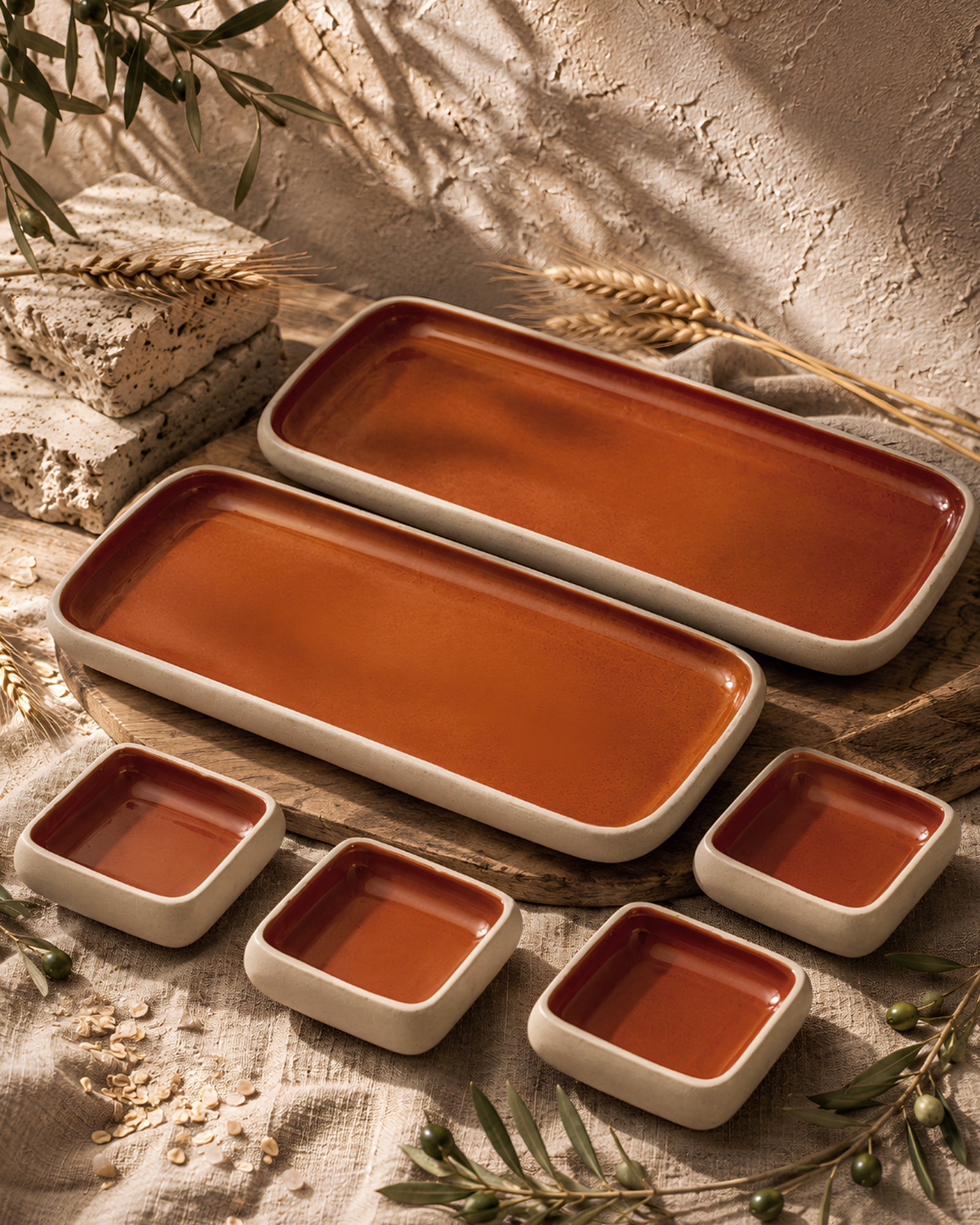 Earthen Soul Long Tray Set | 2 Rectangle Platters with 4 Square Dip Bowls | Earth Porcelain