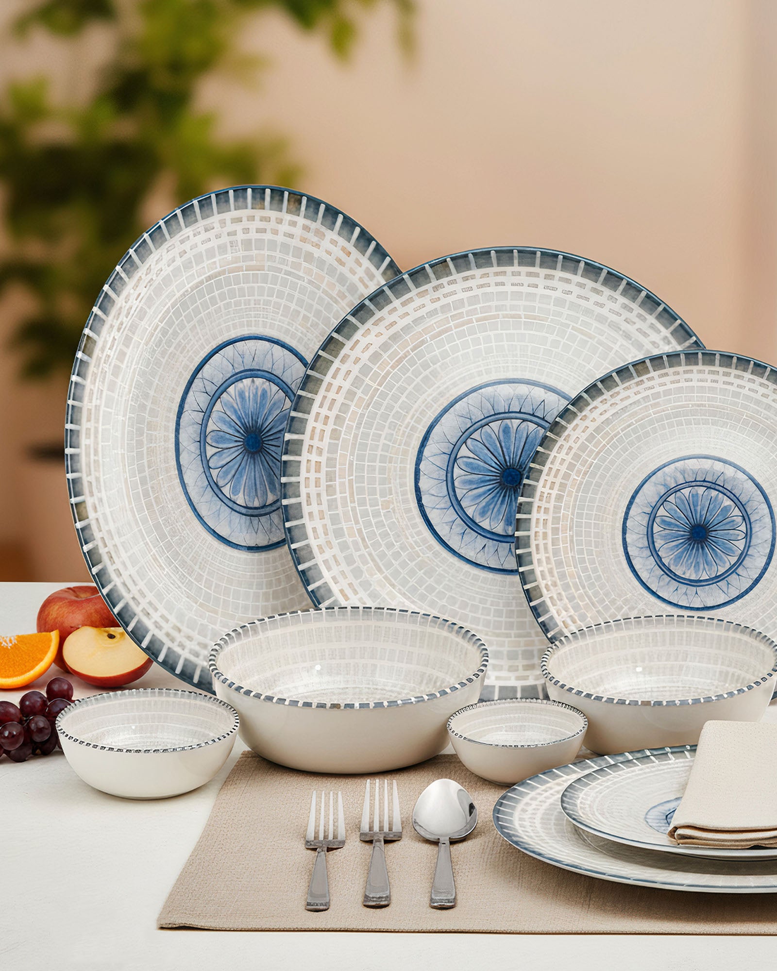 Pixel Collection Sora Fine Porcelain Dinnerware Set of 33 Pcs – Elegant Blue Mosaic Ceramic Tableware