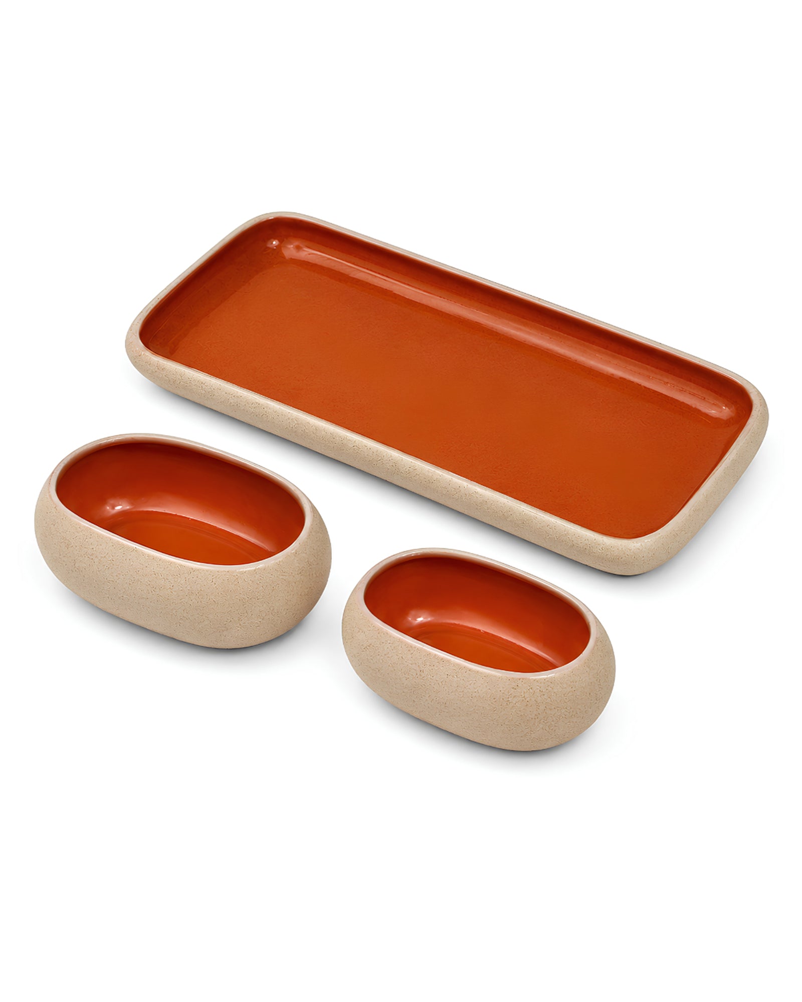 Earthen Soul Serve & Share Set | Rectangle Platter with 2 Oval Bowls | Earth Porcelain