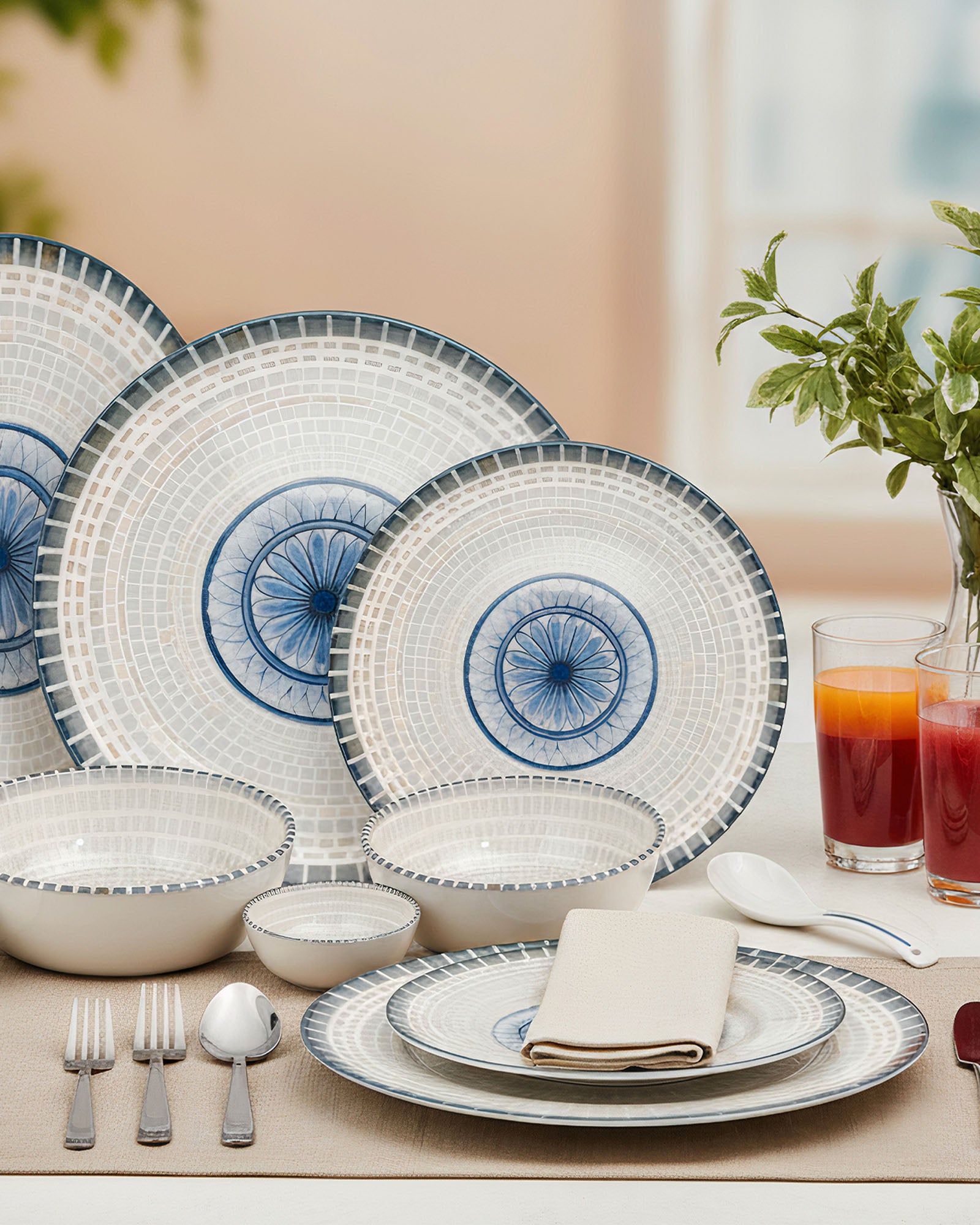 Pixel Collection Sora Fine Porcelain Dinnerware Set of 33 Pcs – Elegant Blue Mosaic Ceramic Tableware