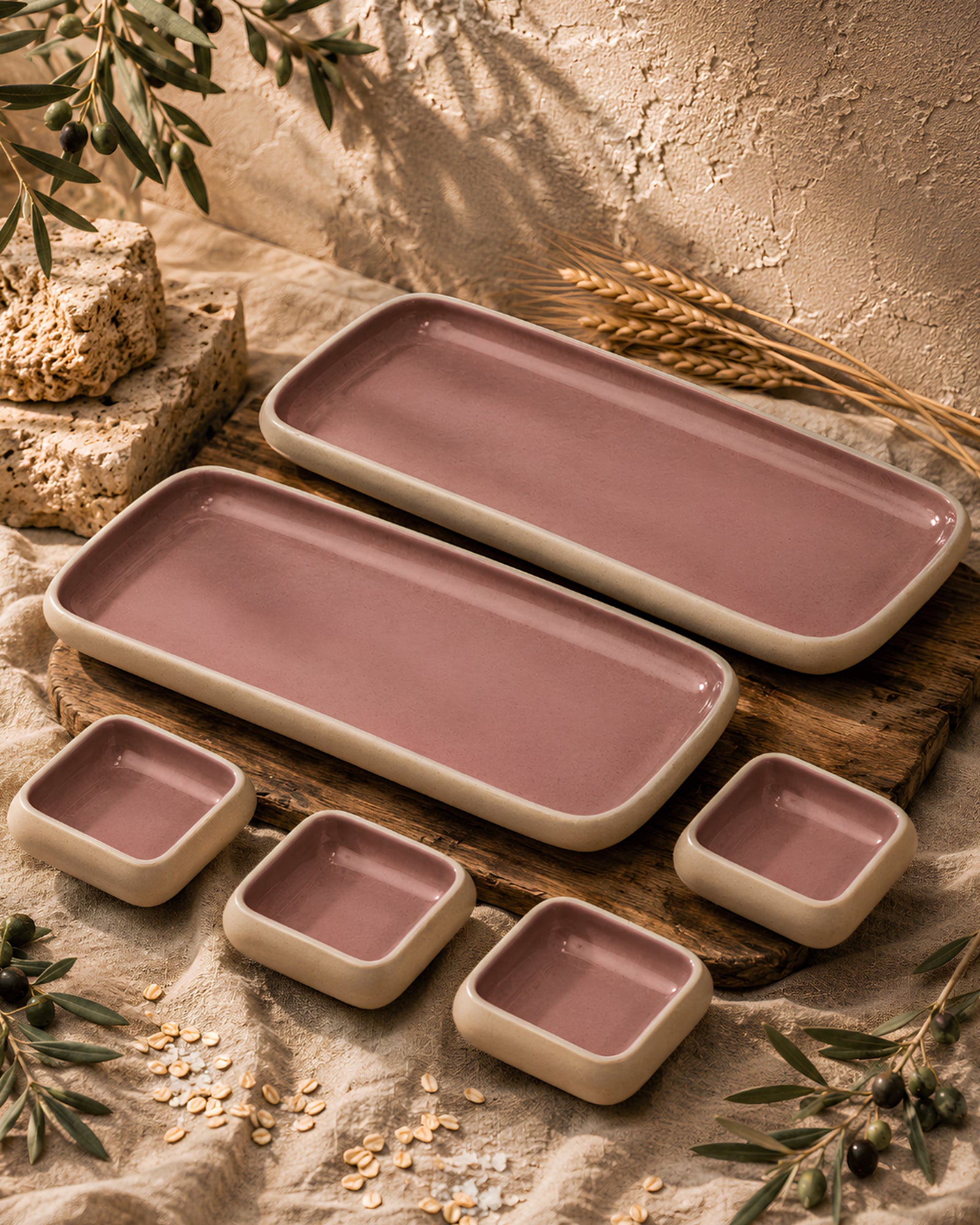 Earthen Soul Long Tray Set | 2 Rectangle Platters with 4 Square Dip Bowls | Earth Porcelain