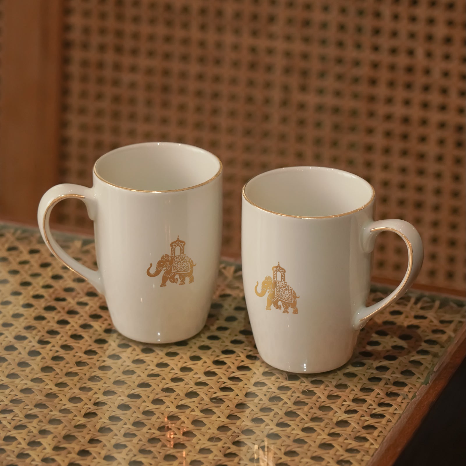 Gold || Vola Gaj Mugs Set of 2 | 230 ml Porcelain Coffee Mugs with Elephant Design